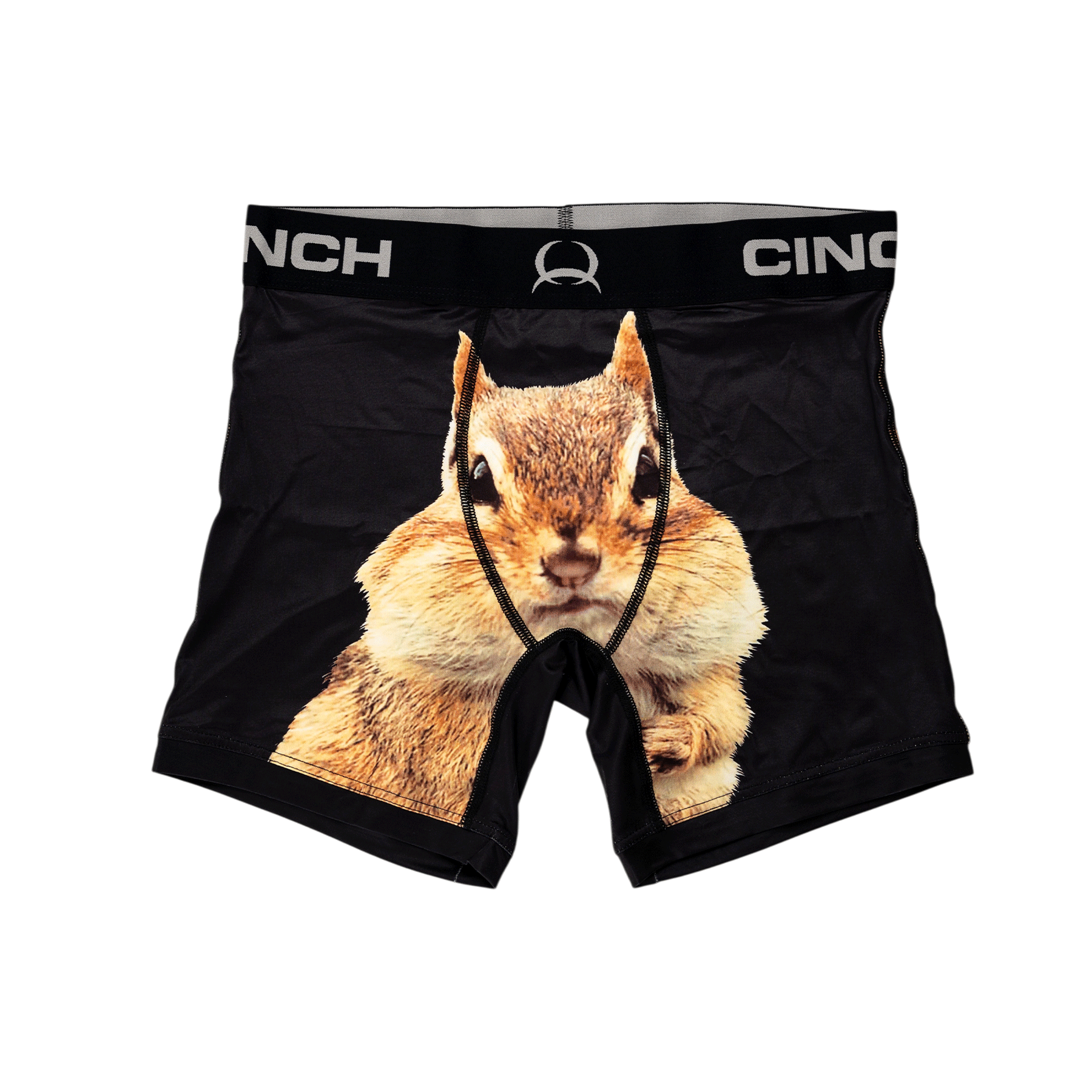 Front view of men's Cinch underwear with a black waistband, featuring a picture of a squirrel on a black background