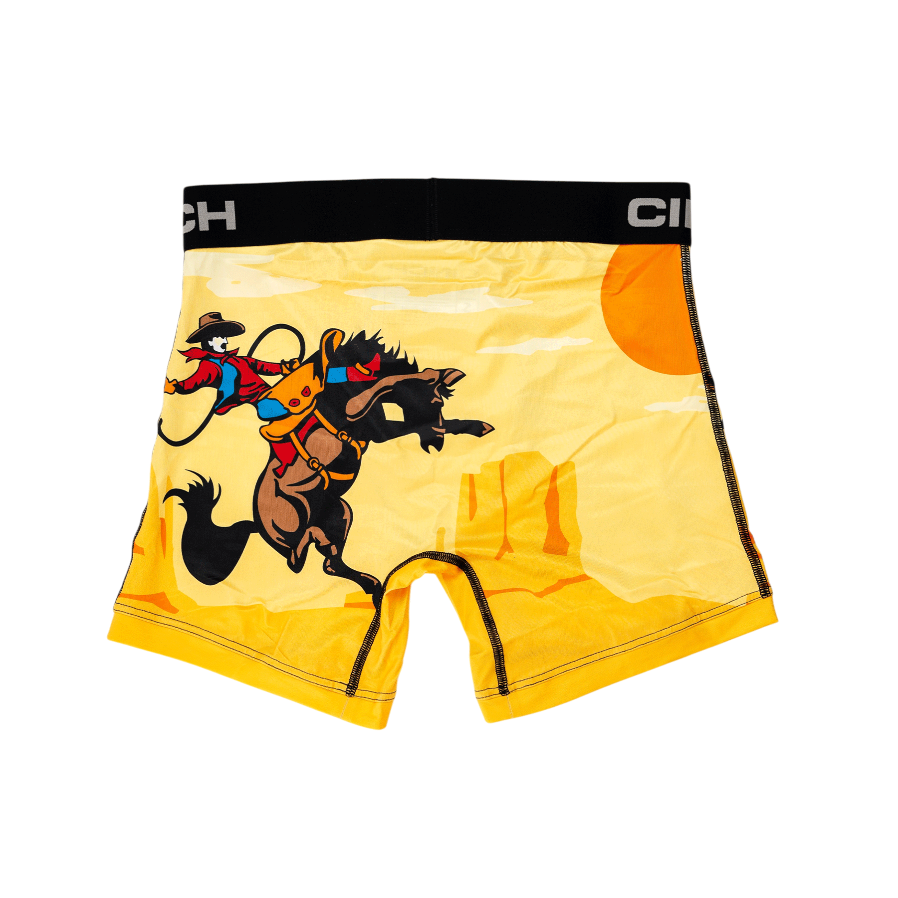 Back view of men's Cinch underwear with a black waistband, featuring a cowboy riding a bucking bronco in the desert on a yellow background
