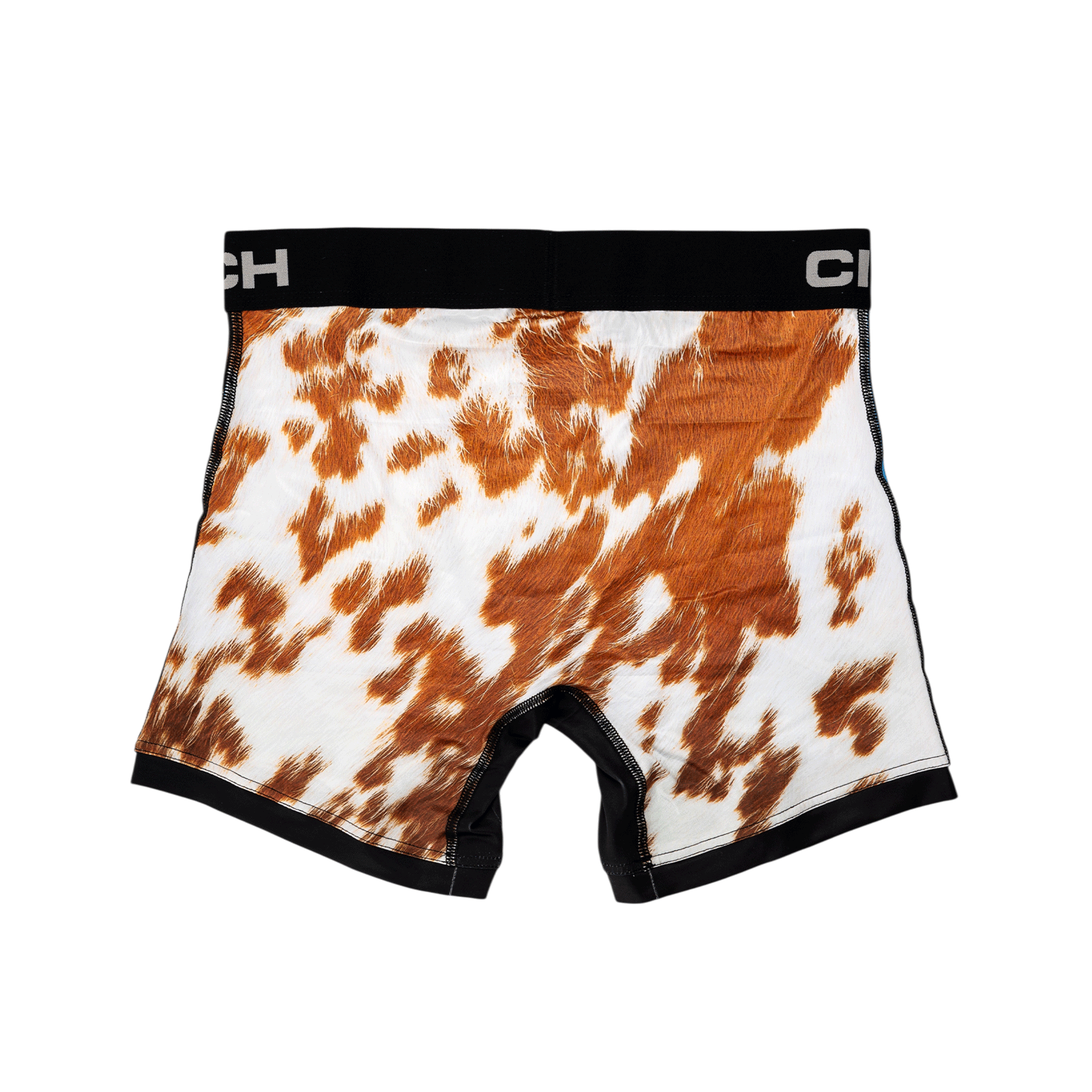 Back view of men's Cinch underwear with a black waistband, featuring an all-over cow print