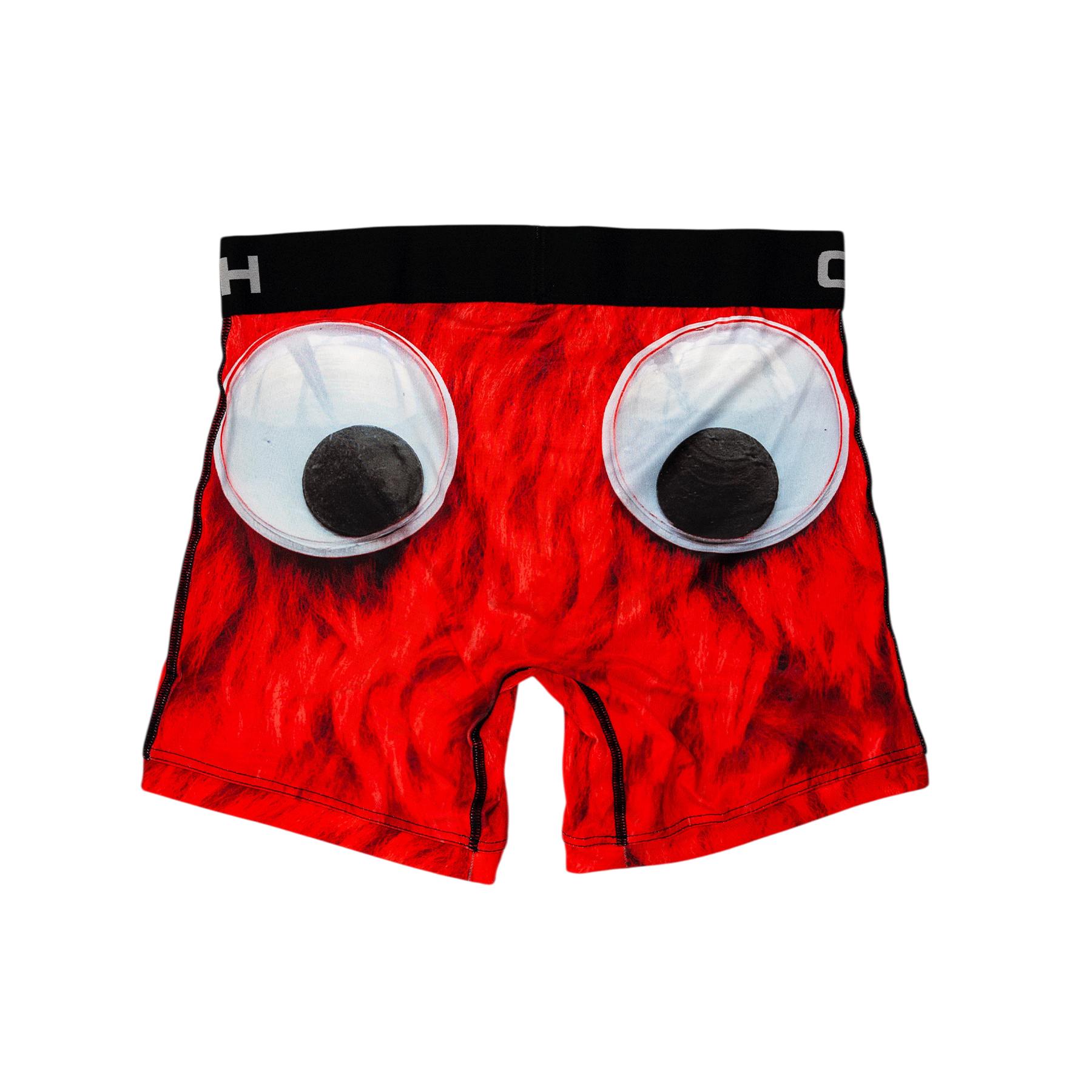 Back view of men's Cinch underwear with a black waistband, featuring a picture of a red monster with large googly eyes
