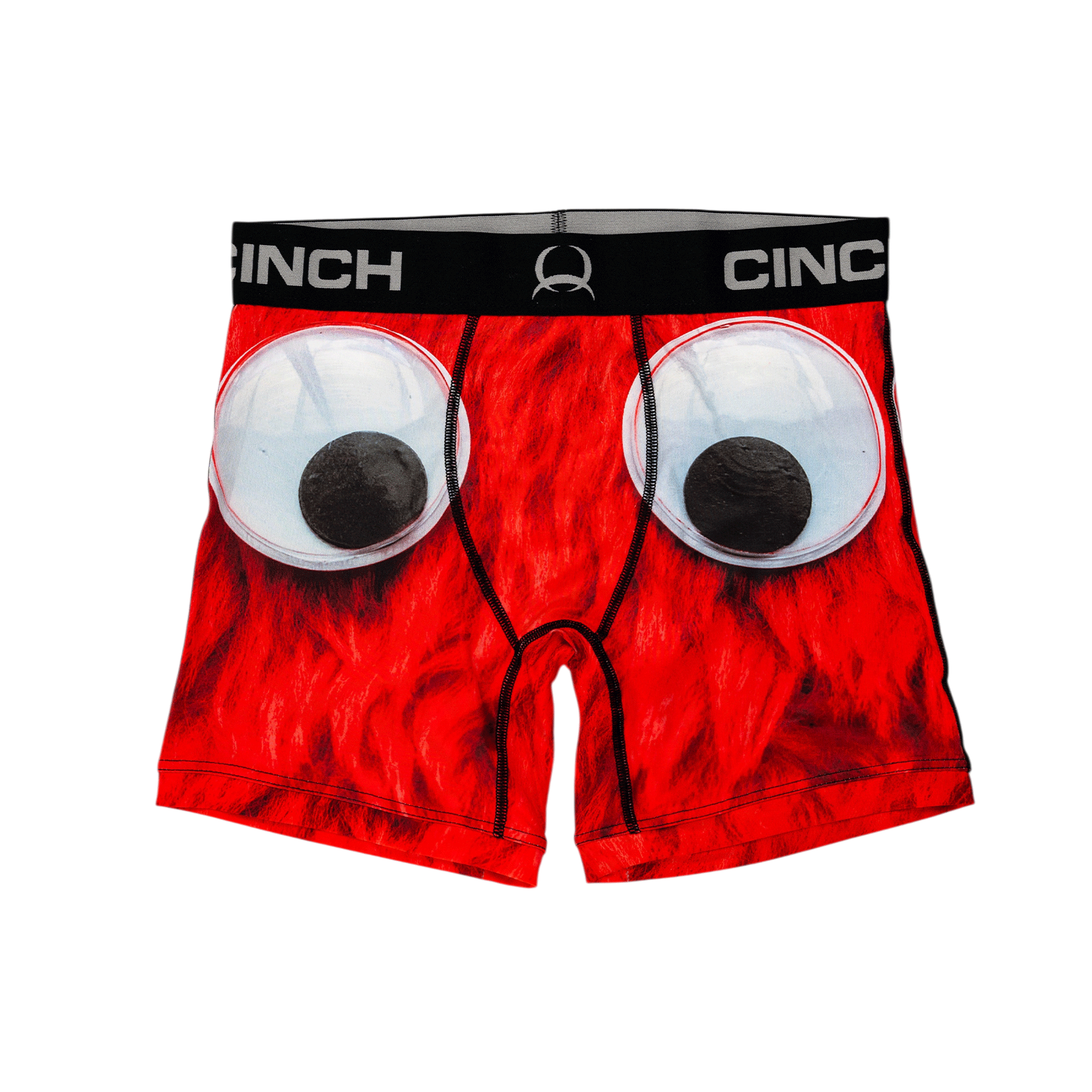 Front view of men's Cinch underwear with a black waistband, featuring a picture of a red monster with large googly eyes