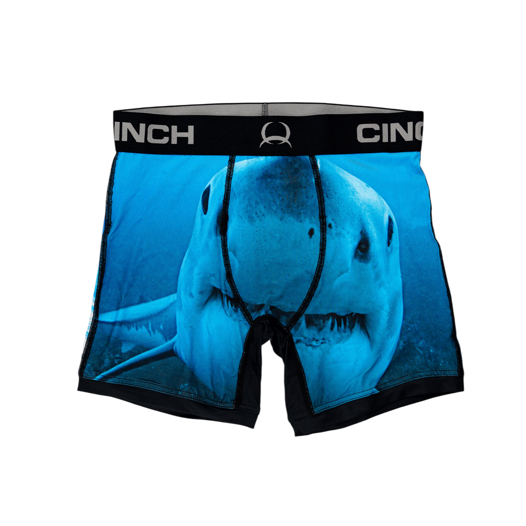 Front view of men's Cinch underwear with a black waistband, featuring a picture of a shark in the ocean