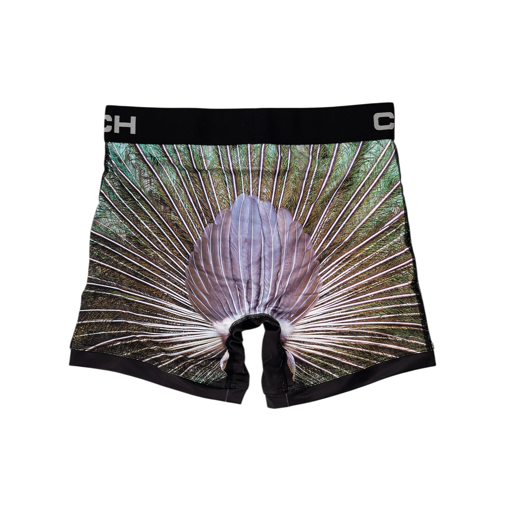Back view of men's Cinch underwear with a black waistband and featuring a picture of a peacock's tail feathers