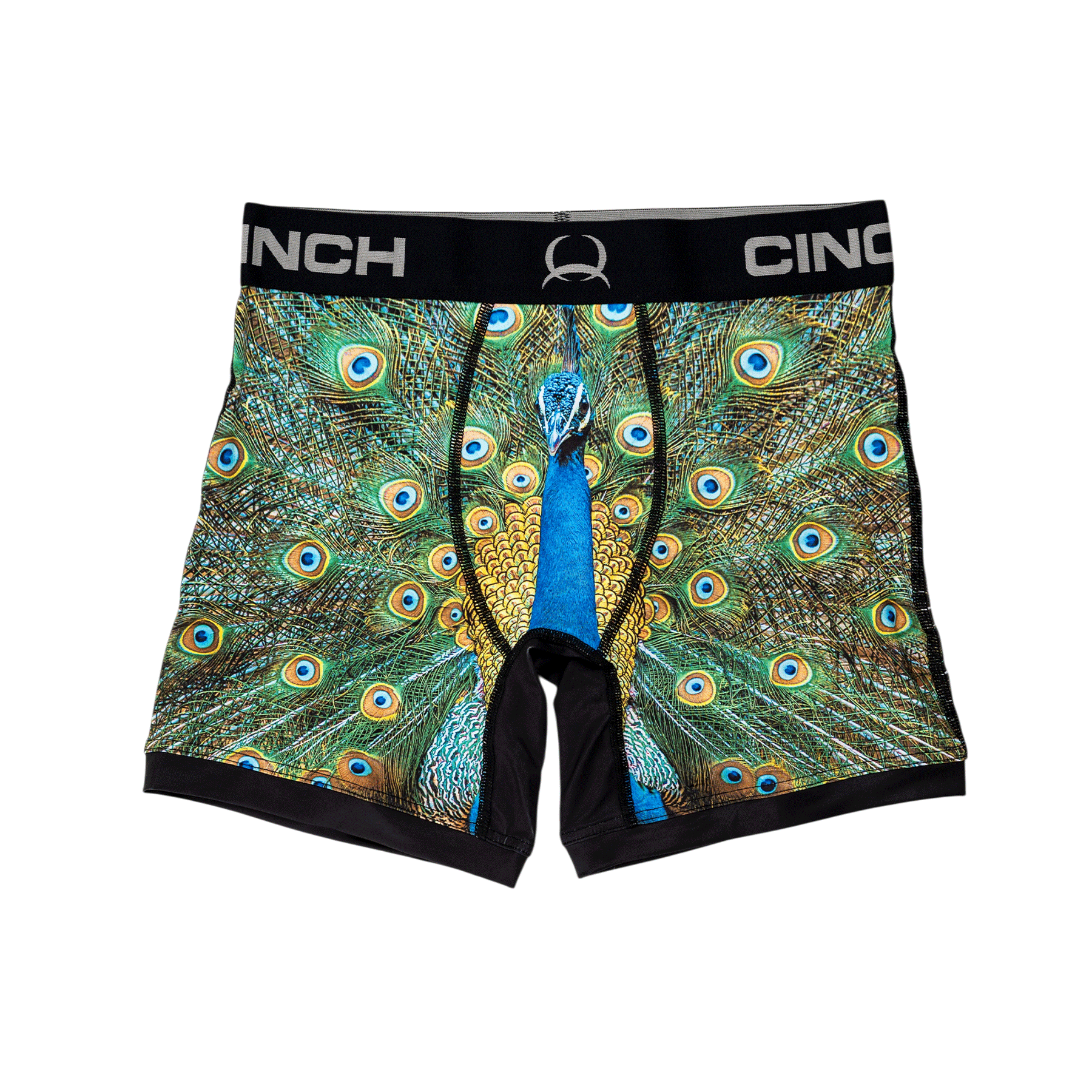 Front view of men's Cinch underwear with a black waistband and featuring a picture of a peacock