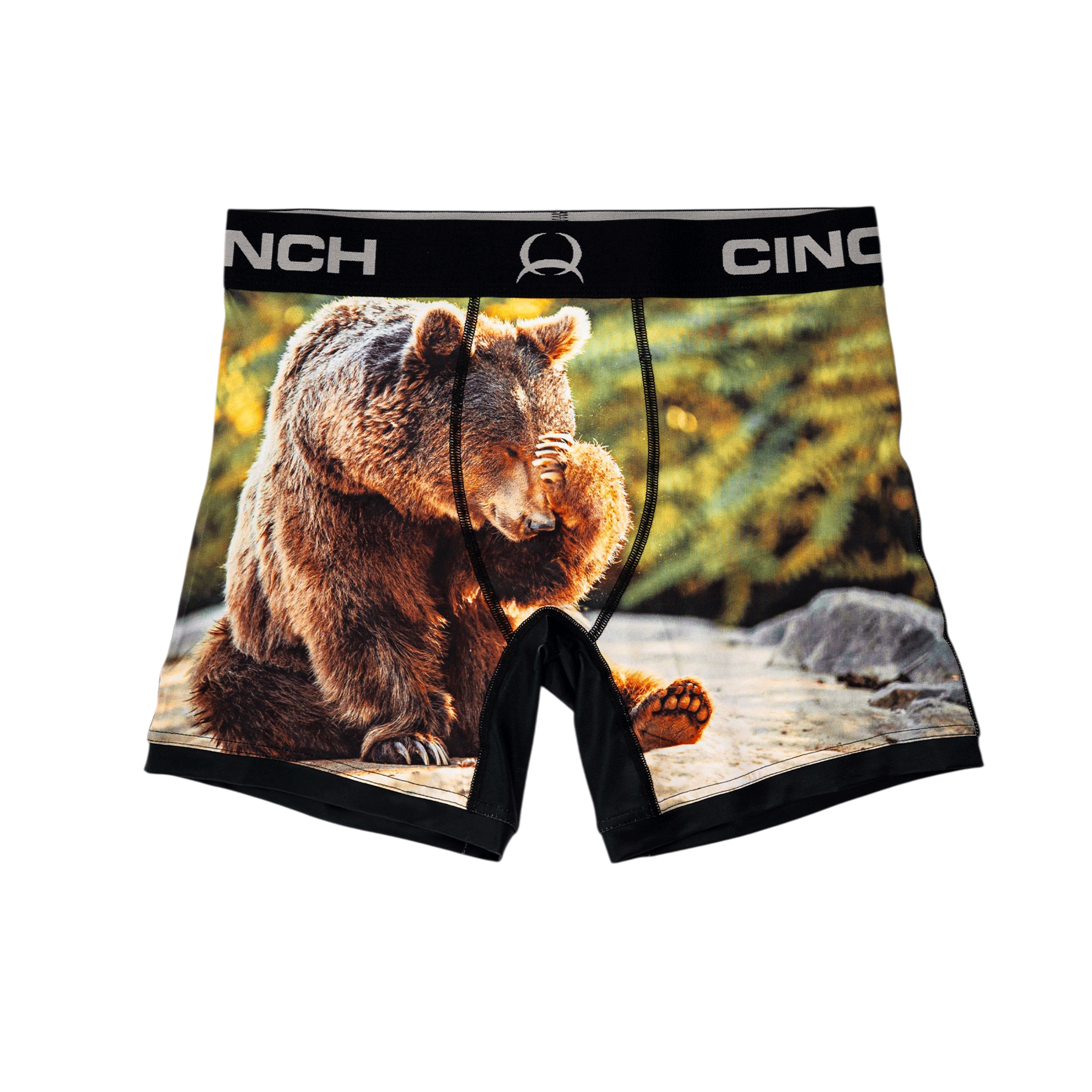 Front view of men's Cinch underwear with a black waistband, featuring a picture of a grizzly bear