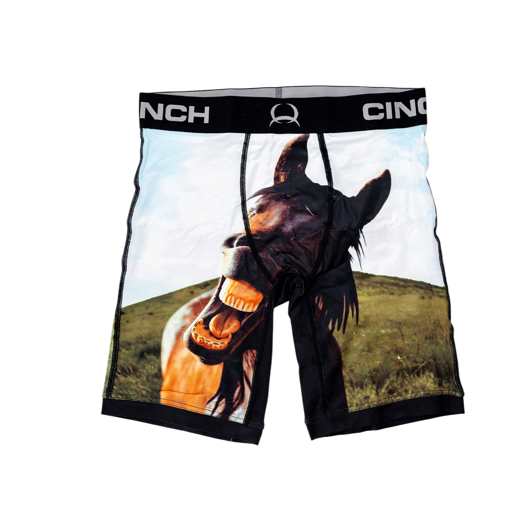 Front view of men's Cinch underwear with a black waistband, featuring a picture of a horse