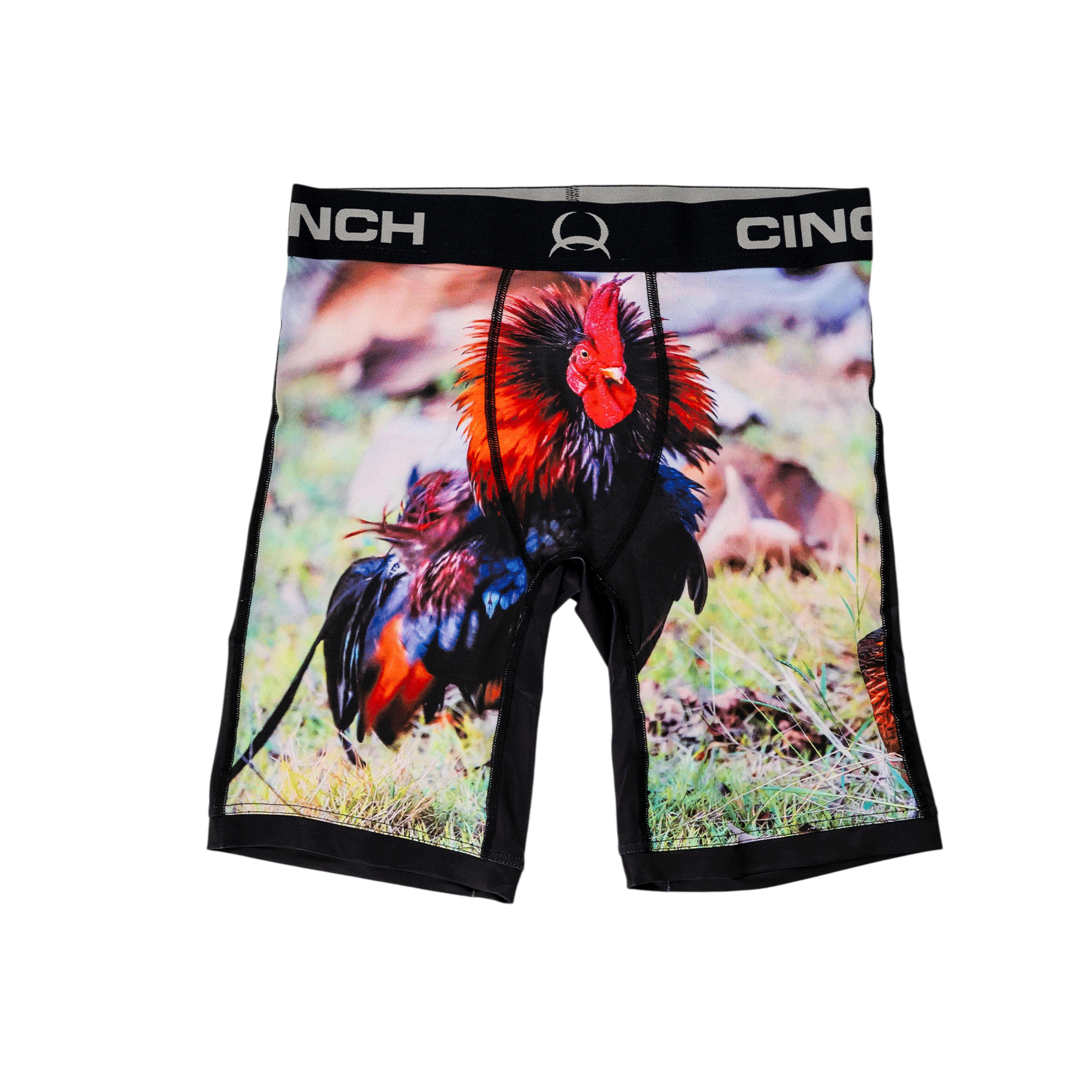 Front view of men's Cinch underwear with a black waistband, featuring a picture of a rooster