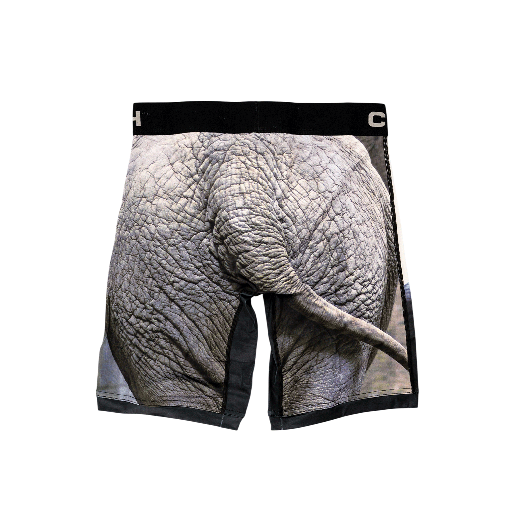 Back view of men's Cinch underwear with a black waistband, featuring a picture of an elephant's behind