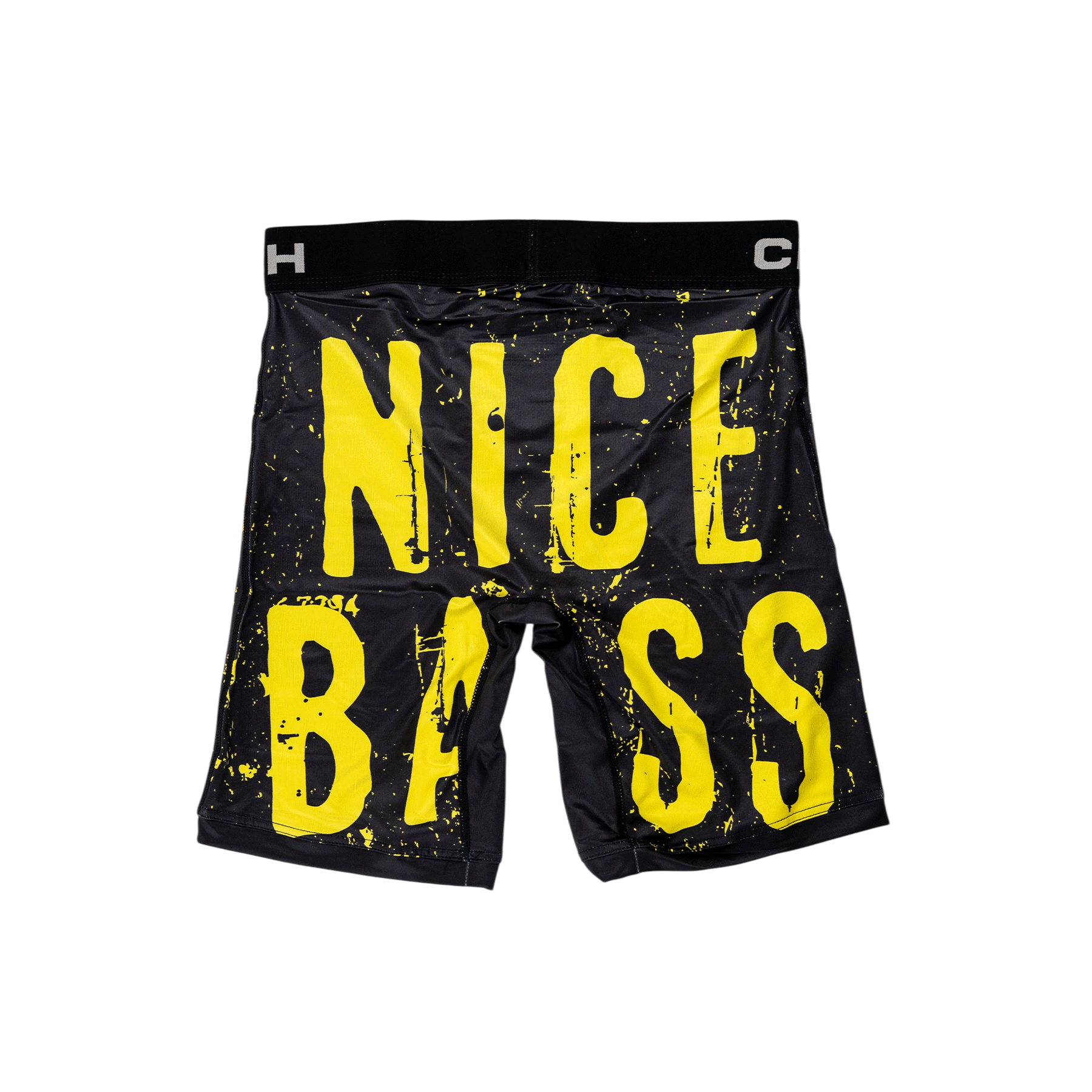Back view of men's Cinch underwear with a black waistband, featuring the words "Nice Bass" in yellow font