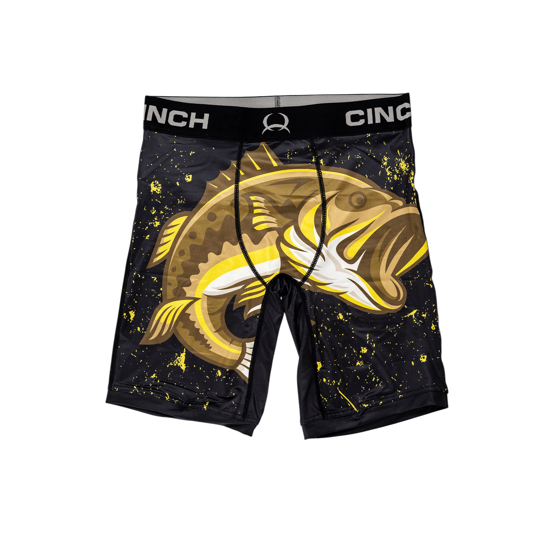 Front view of men's Cinch underwear with a black waistband, featuring a picture of a bass fish