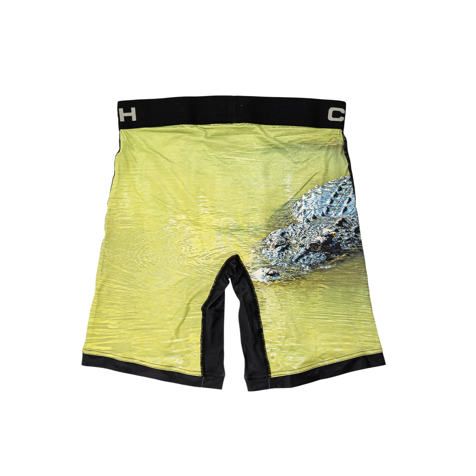 Back view of men's Cinch underwear with a black waistband, featuring a picture of a crocodile swimming in green water