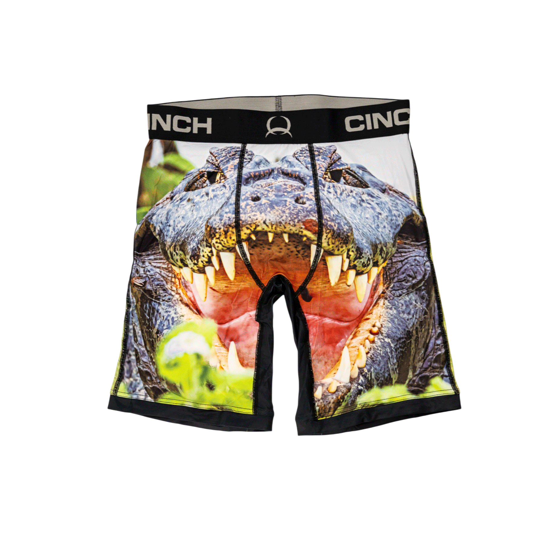 Front view of men's Cinch underwear with a black waistband, featuring a picture of a crocodile