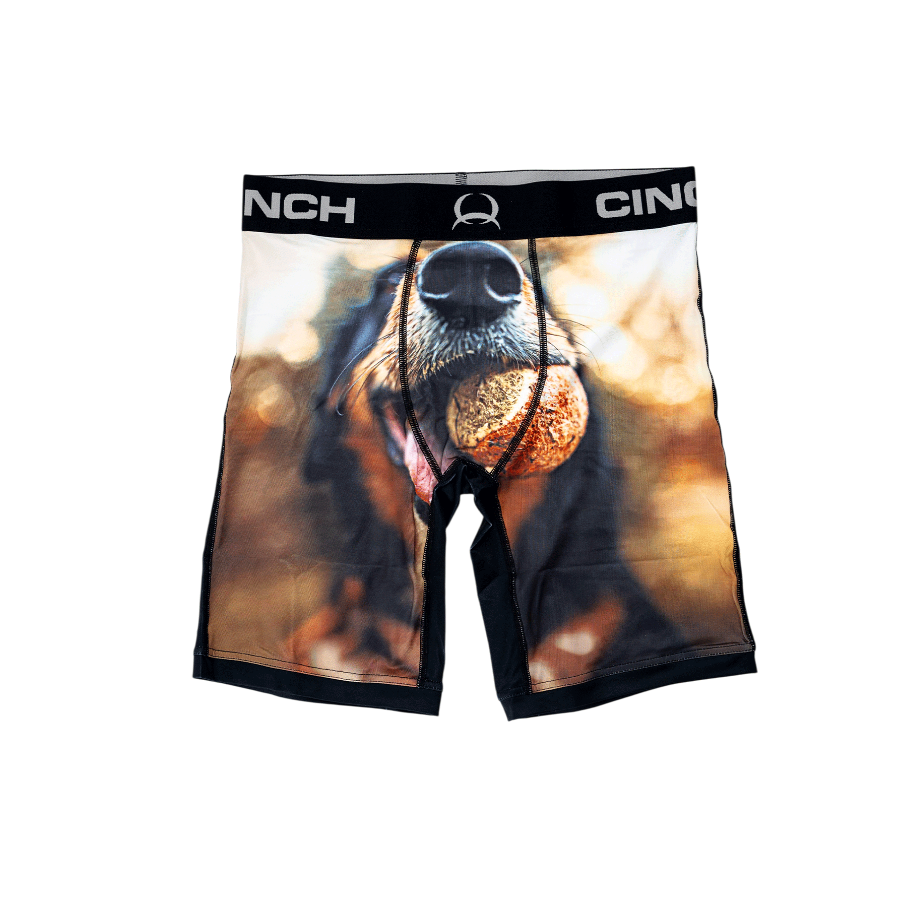 Front view of men's Cinch underwear with a black waistband, featuring a picture of a dog with a tennis ball in it's mouth