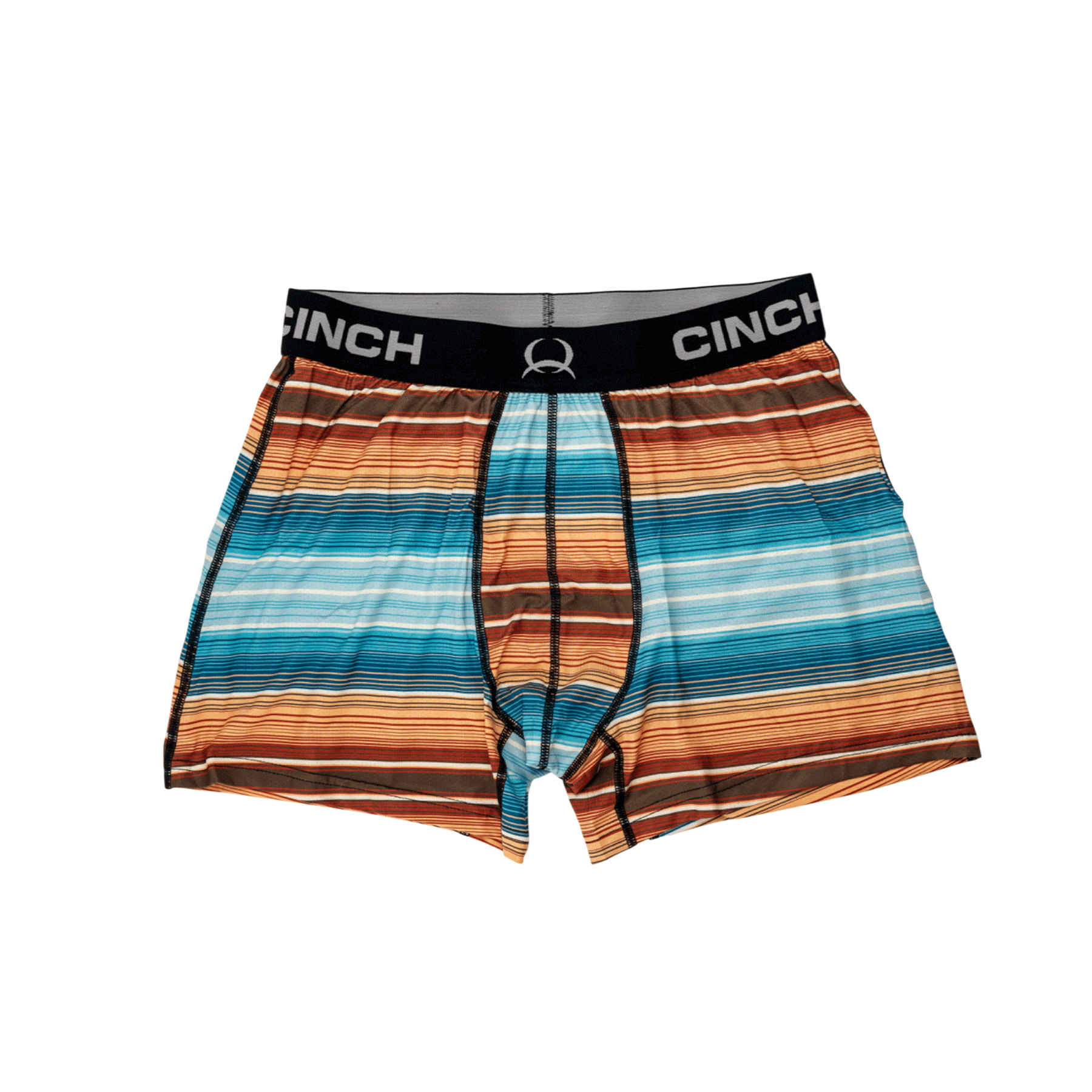 Front view of men's Cinch multi-colored, striped, underwear with a black waistband that has the 'Cinch' logo across it