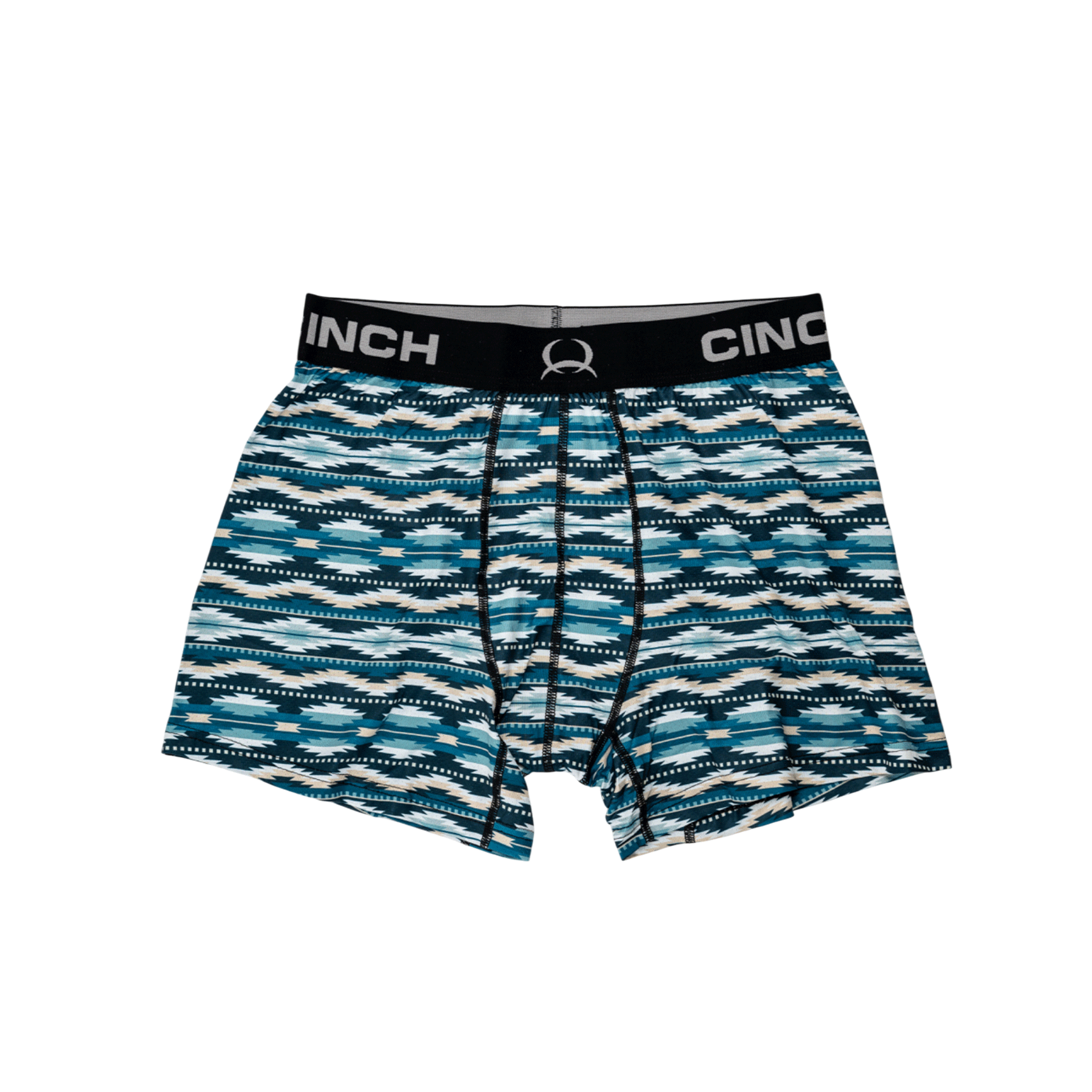 Front view of men's Cinch, teal, striped underwear with a black waistband and an Aztec print