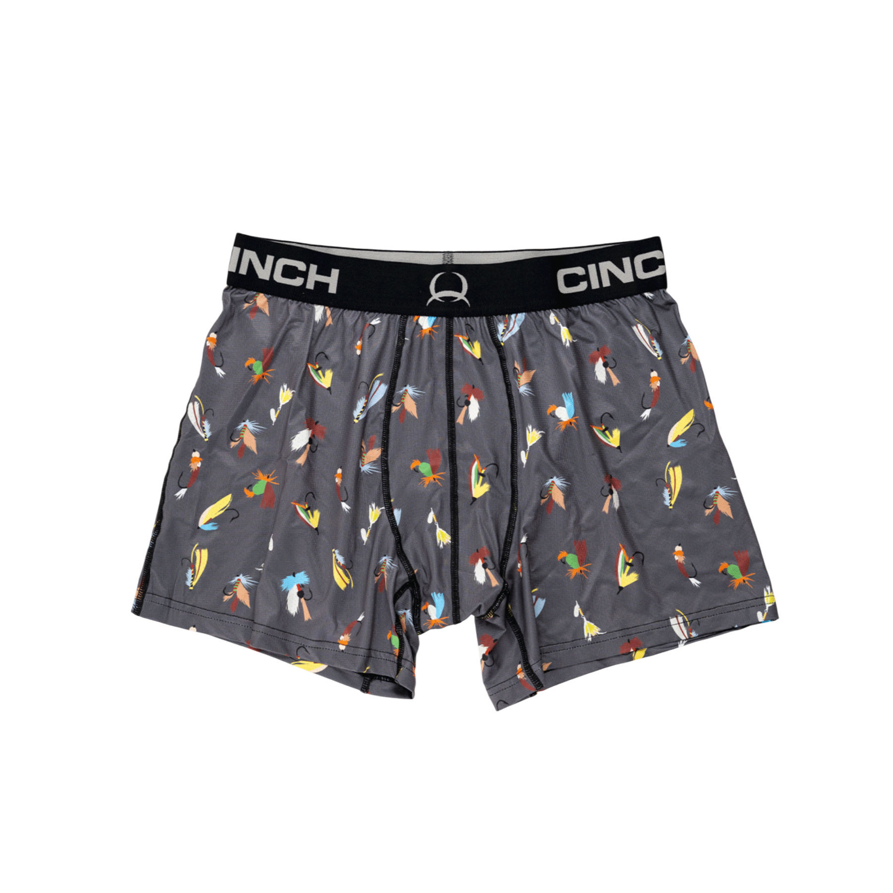 Front view of men's Cinch gray underwear with a black waistband and an all-over fly pattern