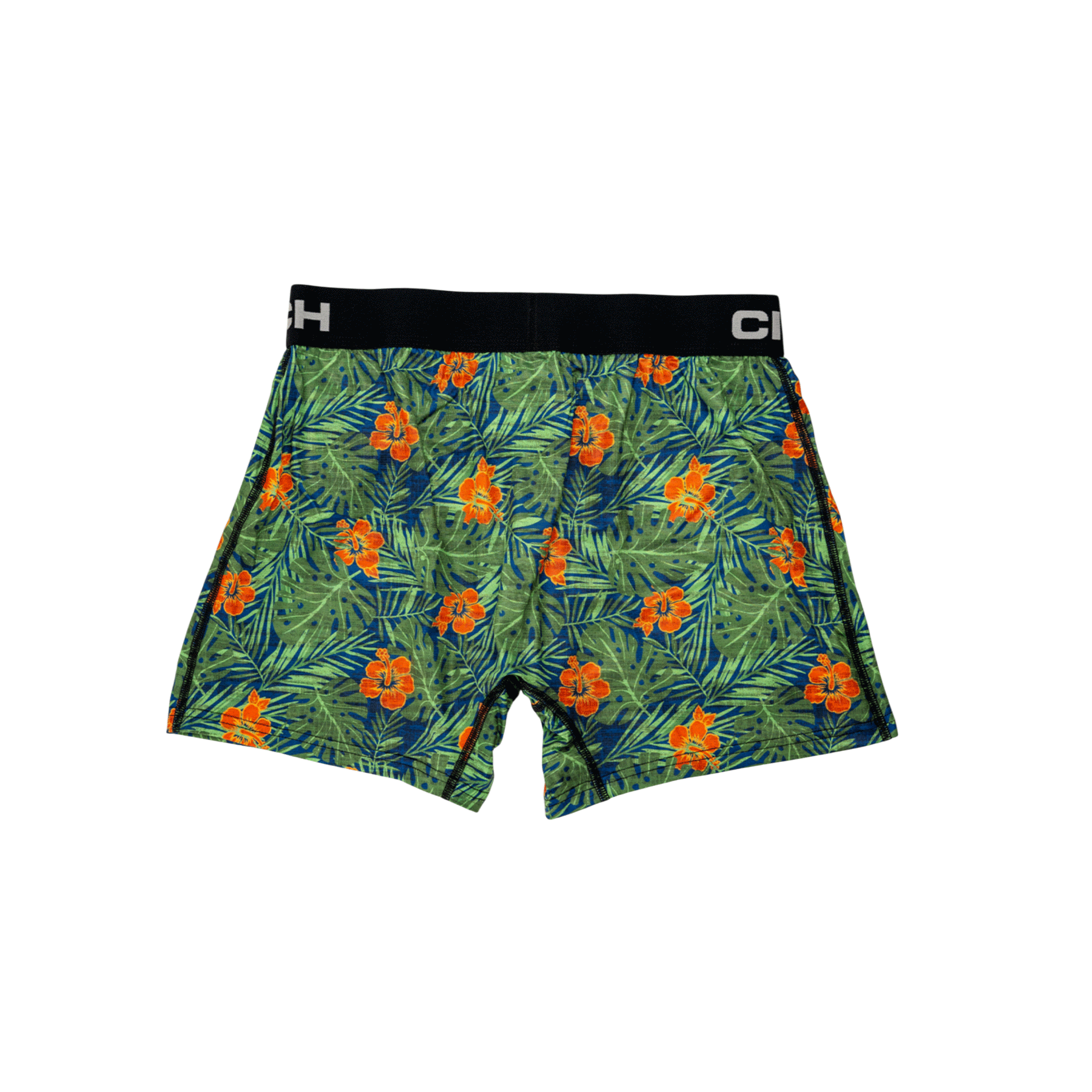 Back view of men's Cinch tropical underwear with a black waistband and a pattern featuring Hawaiian flowers and leaves