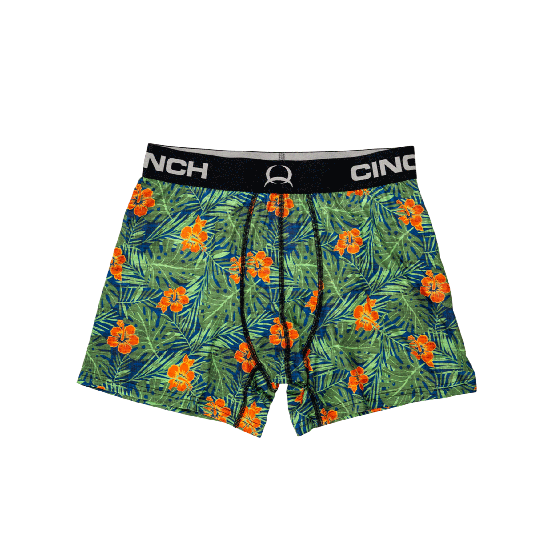Front view of men's Cinch tropical underwear with a black waistband and a pattern featuring Hawaiian flowers and leaves