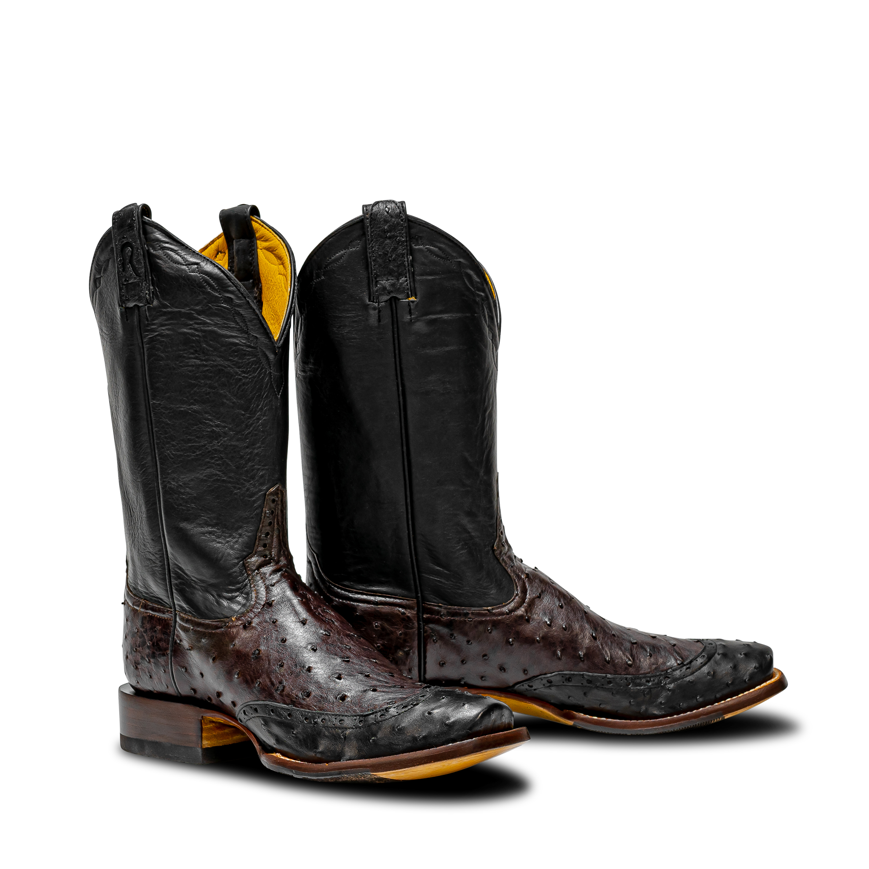 Rod Patrick NICOTINE FULL QUILL OSTRICH with 3/4 BLACK FQ WINGTIP (D)