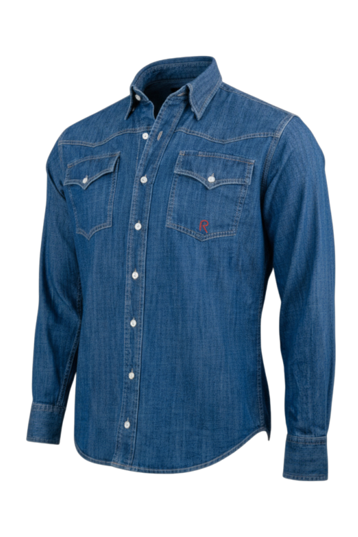 Front of a denim long sleeve button-down shirt on a transparent background