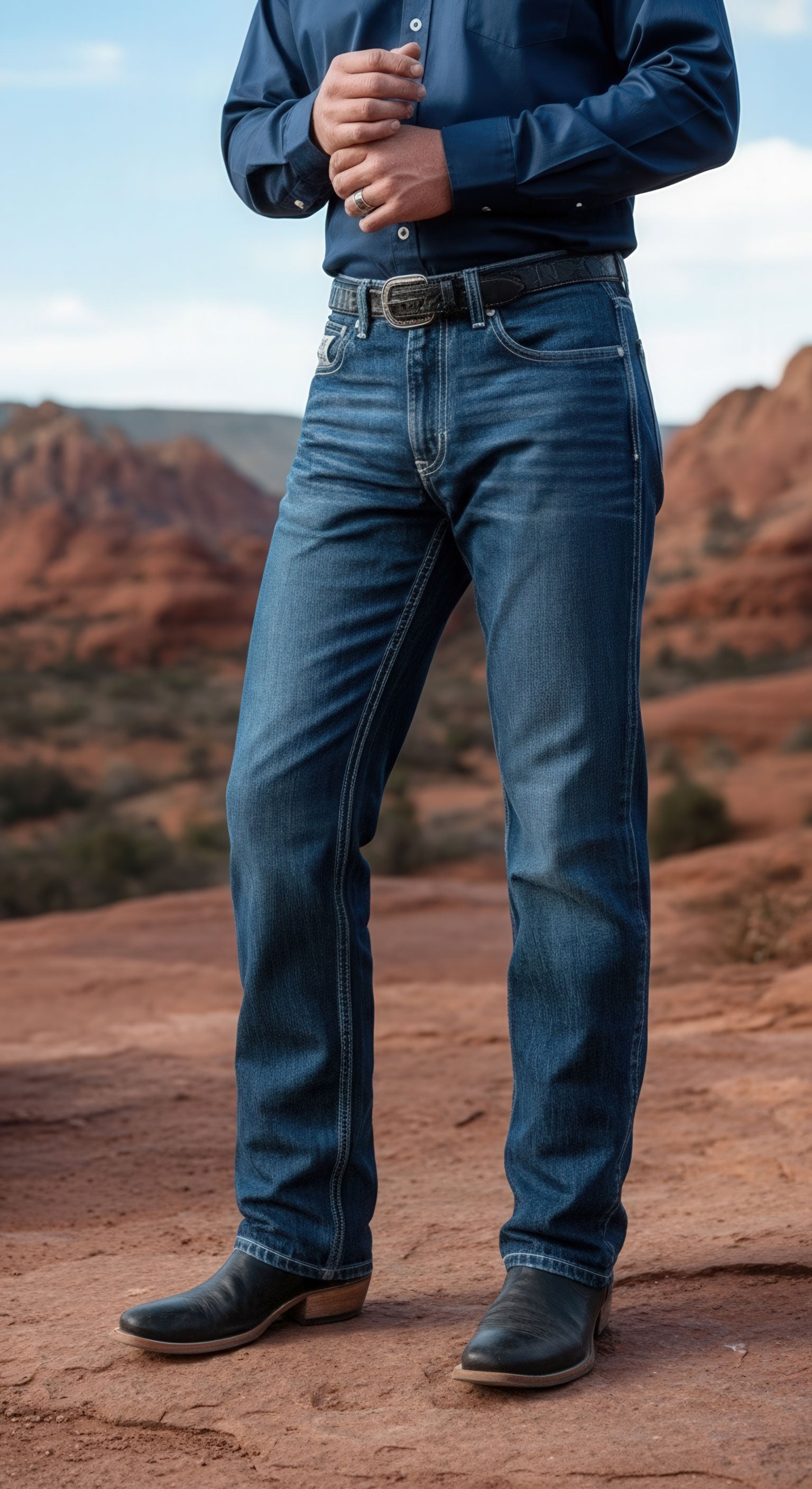 Lower half of a man standing outside wearing jeans, a blue long sleeve button-down, black boots and a western belt