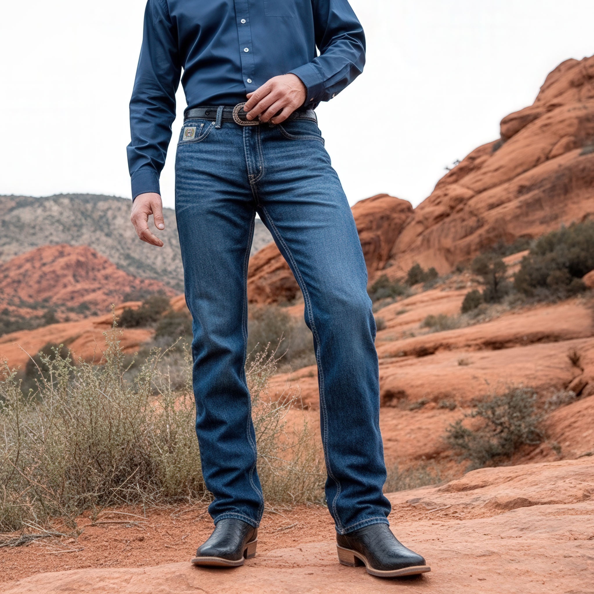 Person wearing blue jeans and a shirt standing in a desert landscape with red rock formations.