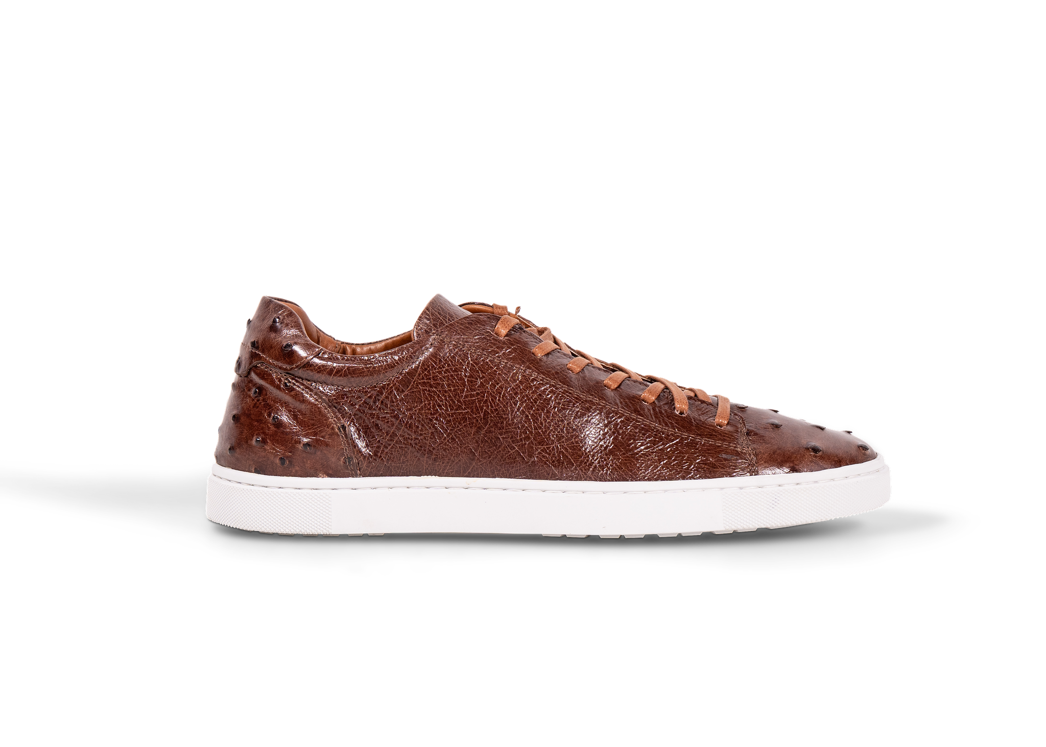 Go West Supply cognac ostrich leather sneaker with white sole on a white background