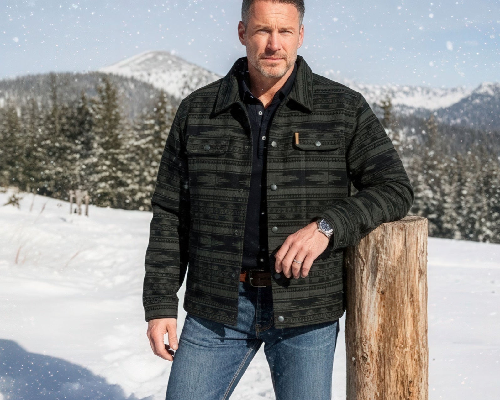 A man wearing a dark patterned jacket and jeans stands outside in a snowy mountain landscape, leaning on a wooden post