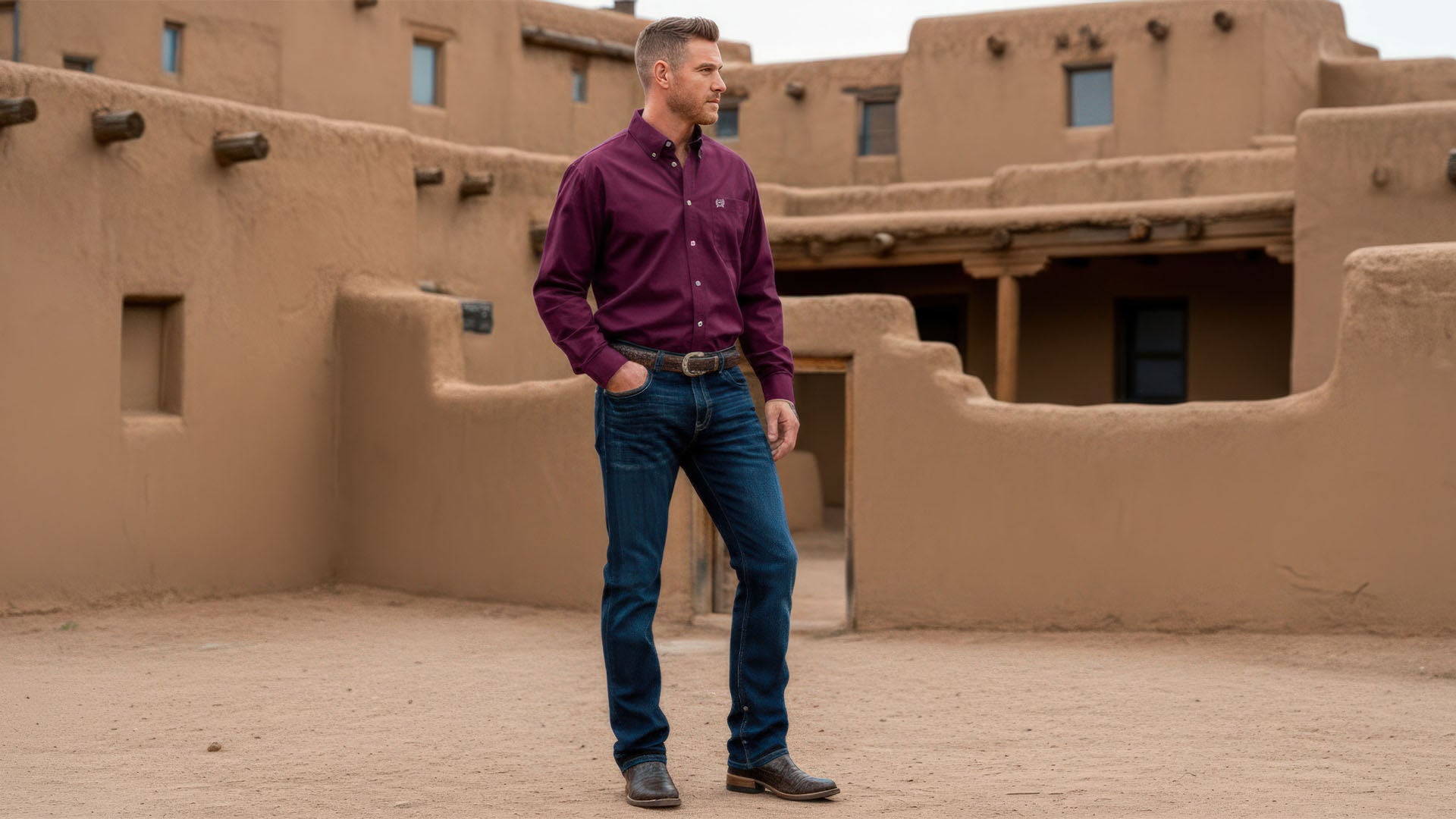 Man standing outside in front of a building wearing a purple long sleeve button-down, jeans and a western belt, with boots