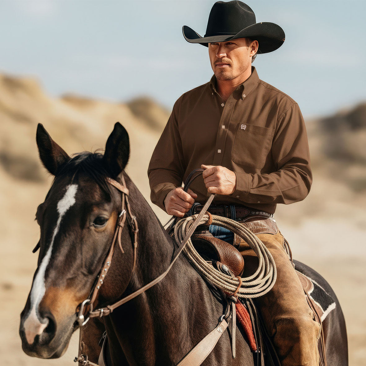 Man riding a horse wearing a brown long sleeve button-down, jeans and a black cowboy hat