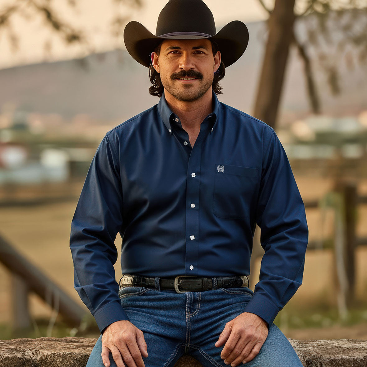 Man sitting outside wearing a blue long sleeve button-down, jeans, a belt and a cowboy hat