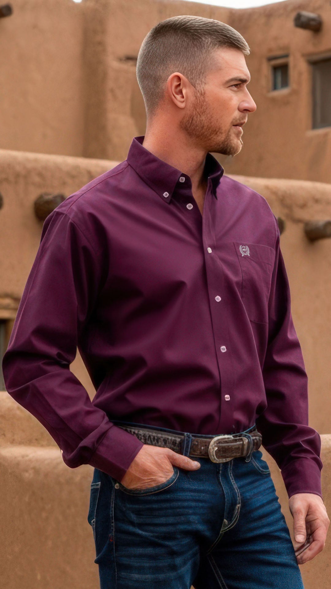 Man standing outside in front of a building wearing a purple long sleeve button-down, jeans and a western belt