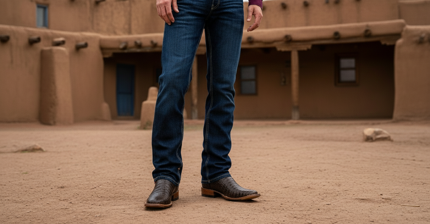 Close-up of a person wearing dark wash jeans and brown cowboy boots, standing on sandy ground in front of an adobe-style building with wooden beams