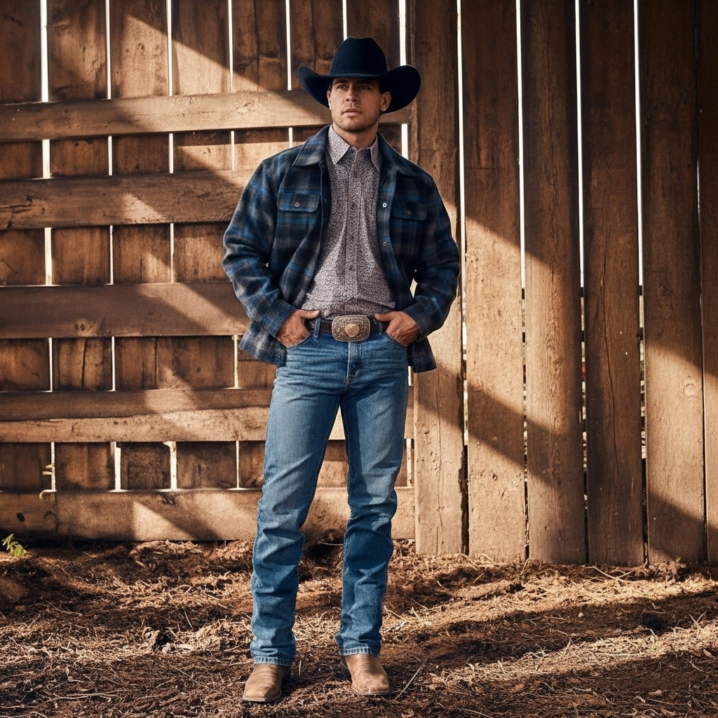 Man wearing a black cowboy hat, blue plaid jacket, patterned button-up shirt, light wash jeans, and boots, standing in a barn with hands in pockets