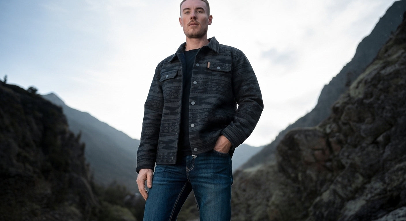 Man wearing a black patterned jacket, black shirt, and dark wash jeans, standing outdoors in a mountainous landscape with hands in pockets