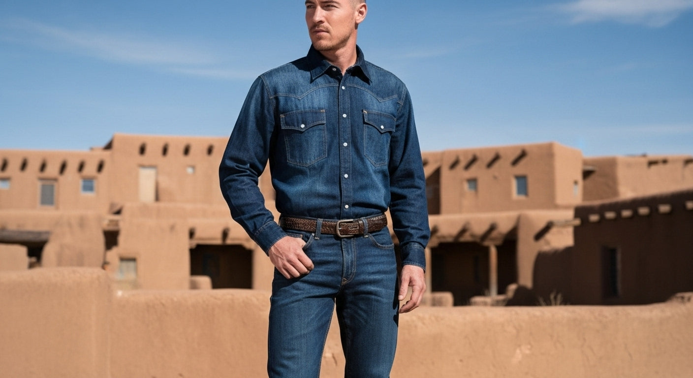 Man standing outside in front of a building wearing a denim long sleeve button-down, jeans and a western belt