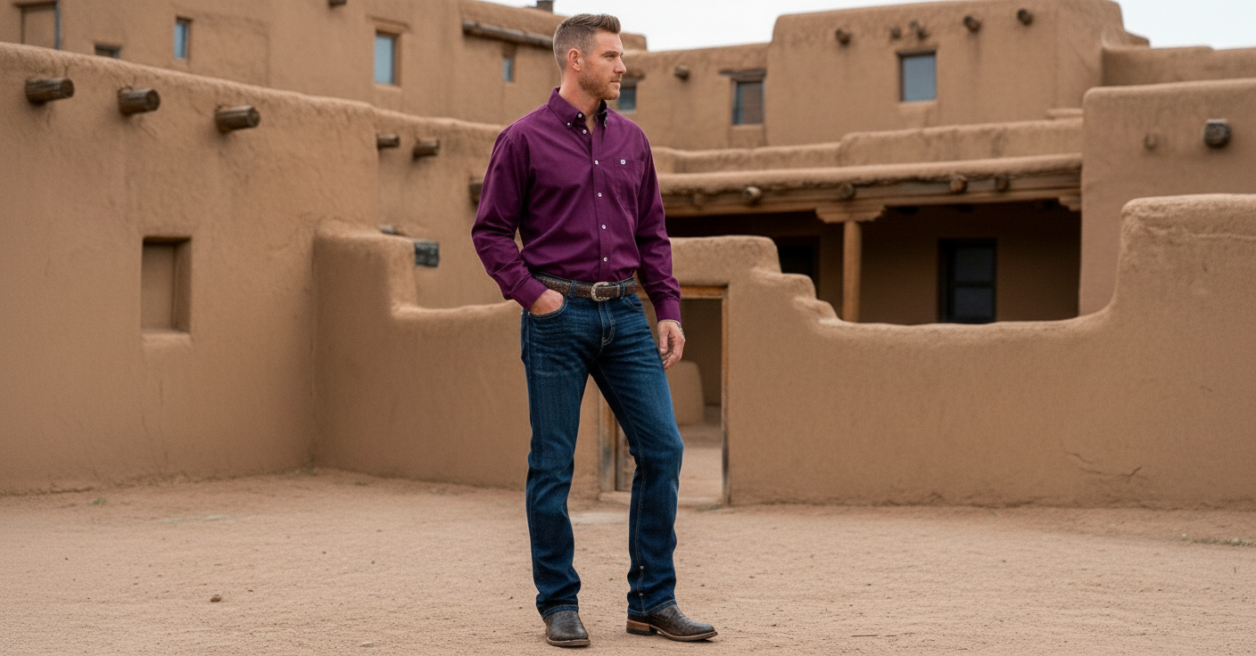 Man wearing a purple button-down shirt, dark wash jeans, and brown cowboy boots, standing outdoors in front of adobe-style buildings with hands in his pockets