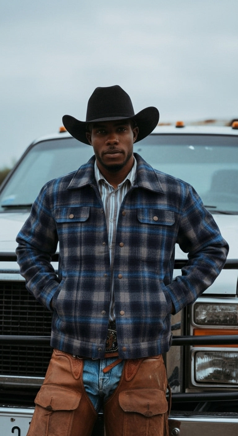 Man wearing a black cowboy hat, blue plaid jacket, striped shirt, and work chaps standing with hands in pockets in front of a pickup truck