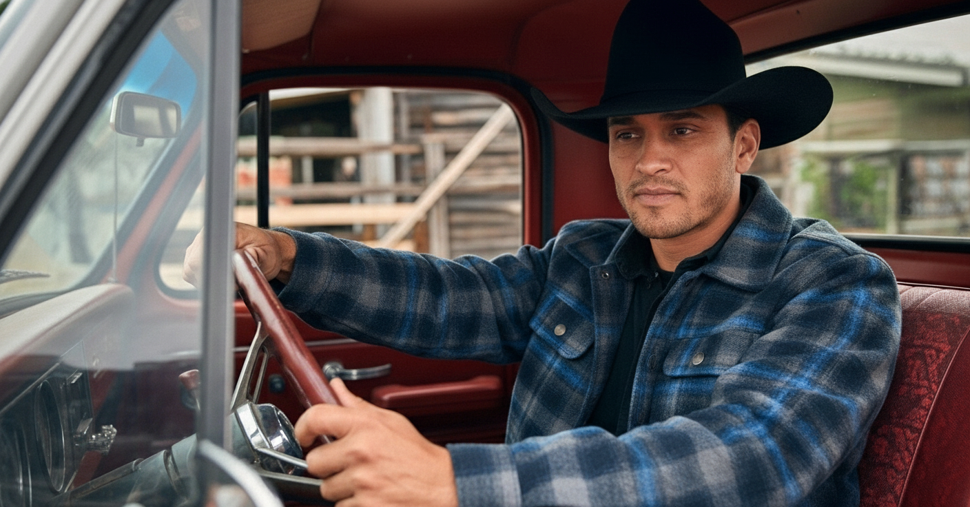 Man wearing a black cowboy hat and blue plaid jacket sitting in the driver’s seat of a red vintage truck, holding the steering wheel and looking forward
