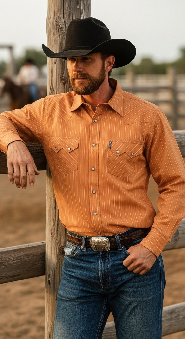 Man standing outside, leaning on a fence, wearing a orange long sleeve button-down, jeans, a black cowboy hat and a western belt