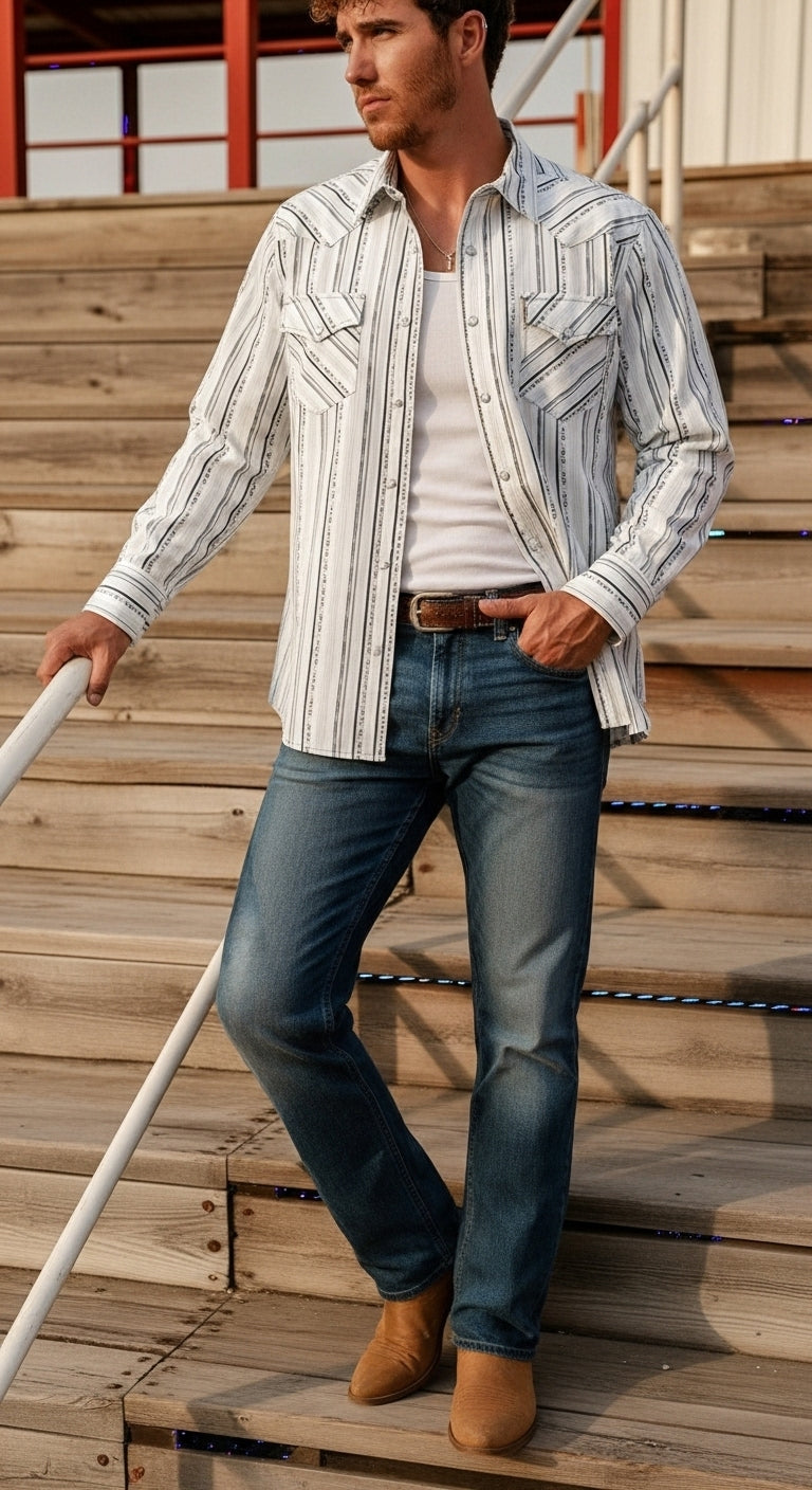 Man standing outside leaning against a stair railing, wearing a white, striped, long sleeve button-down, jeans, and a belt with some boots