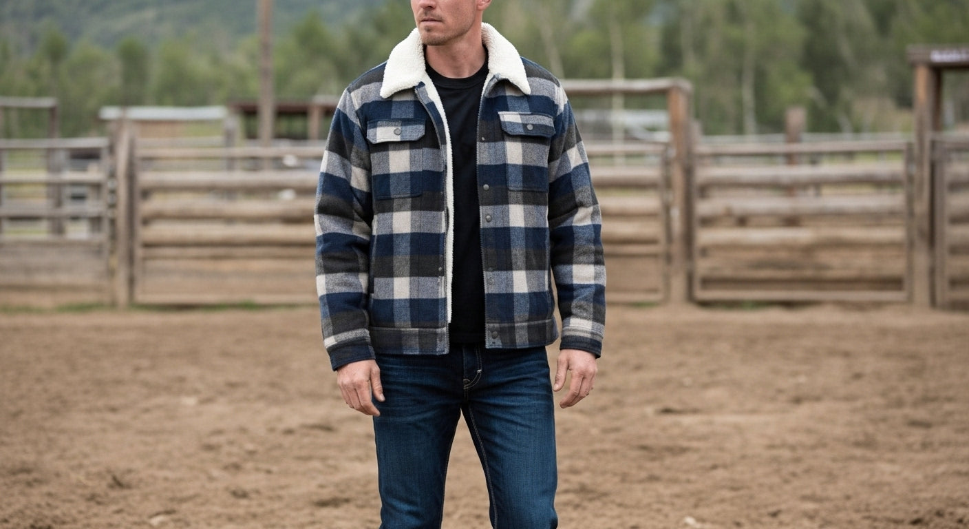 Man wearing a blue and white plaid sherpa-lined jacket, black shirt, and dark wash jeans, standing in an outdoor corral with wooden fencing in the background