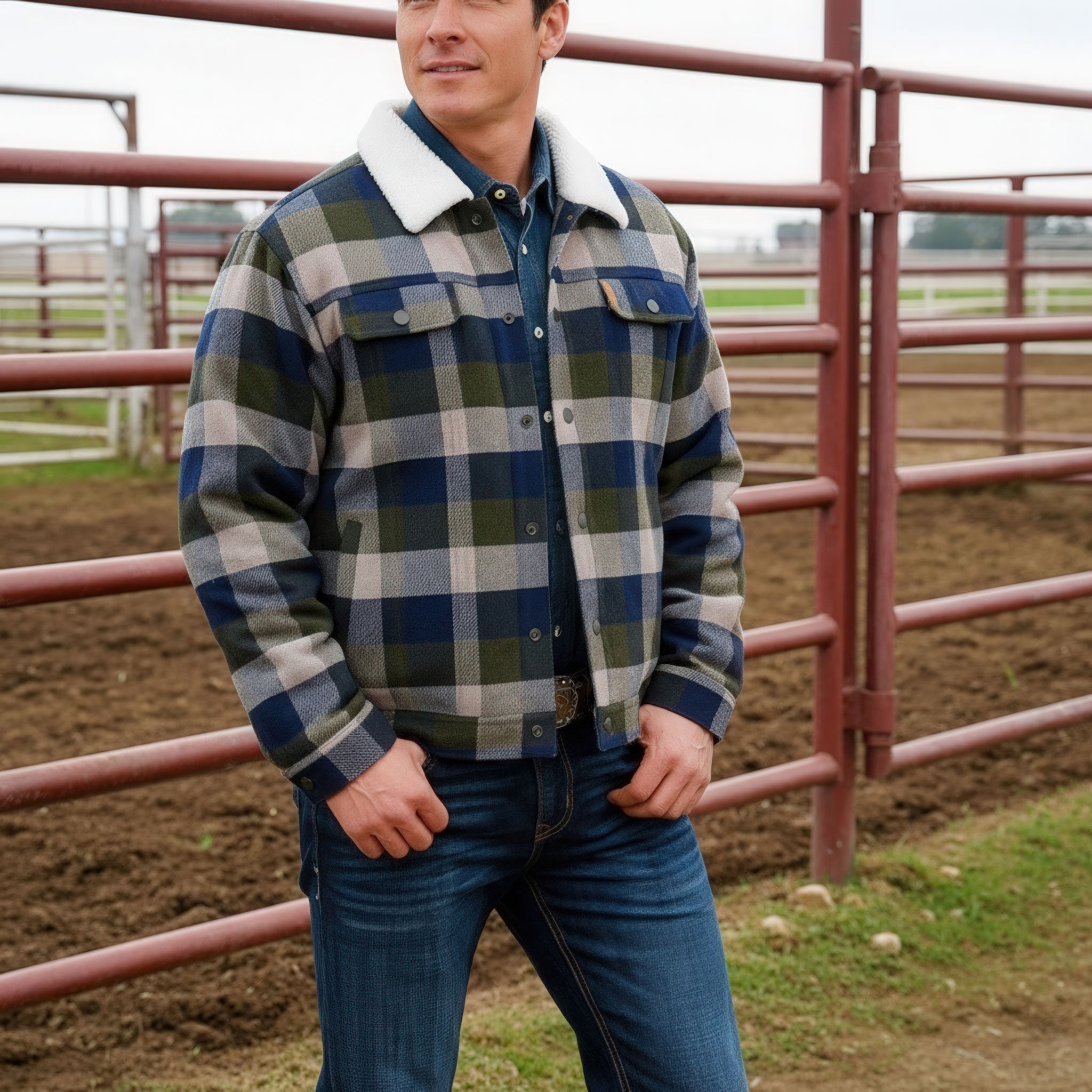 A man wearing a plaid sherpa-lined jacket and jeans stands by a red metal fence in an outdoor arena.