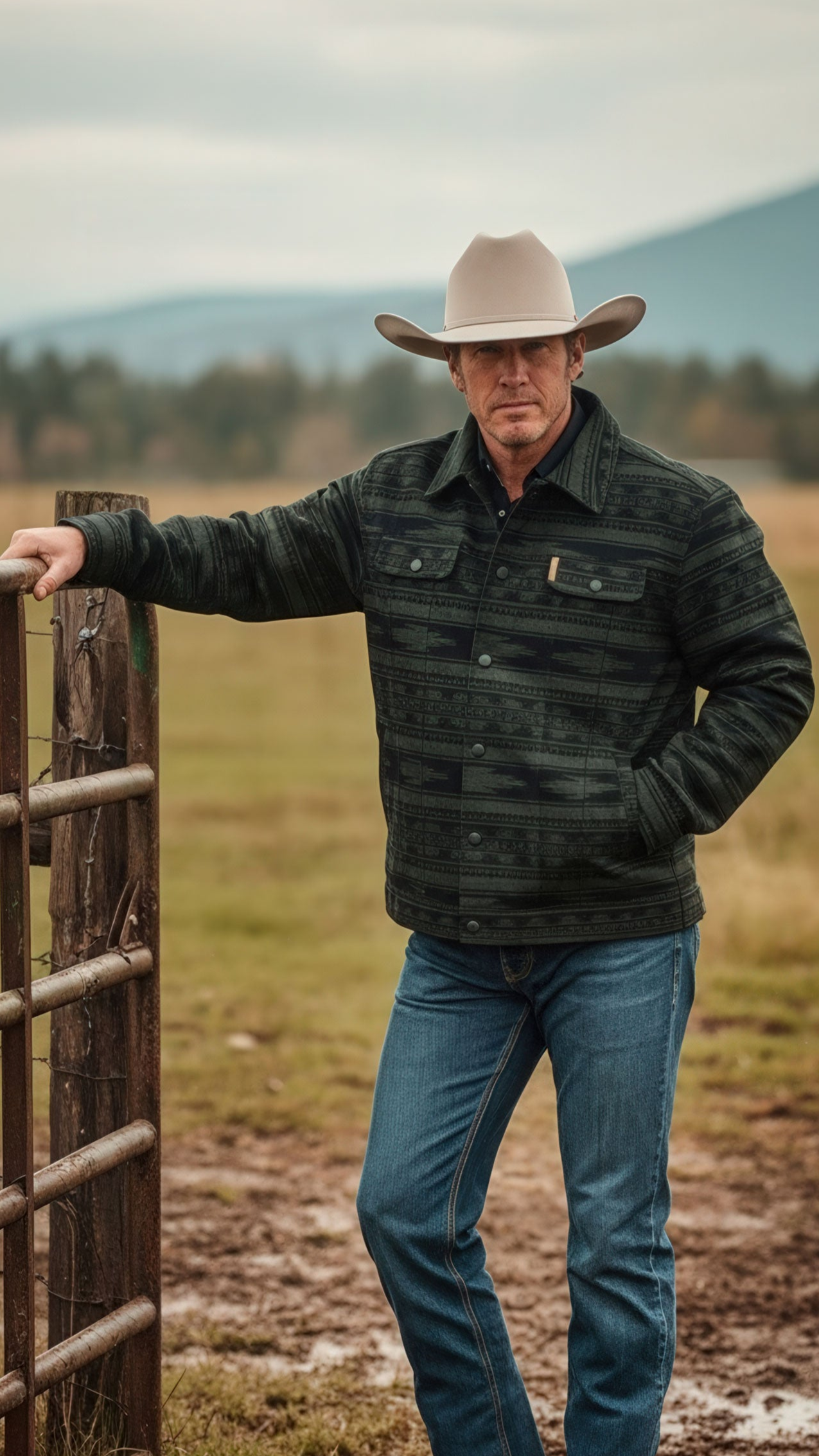 A man wearing a cowboy hat, dark patterned jacket, and jeans stands by a metal gate in an open field