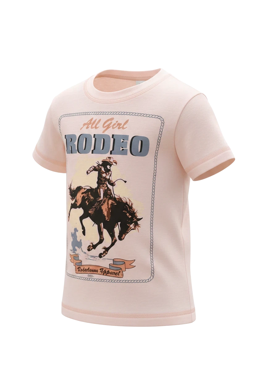 Go West Supply toddler girls pink cotton tee with "All Girl Rodeo" graphic and cowboy on horse. Short sleeves, crew neck.