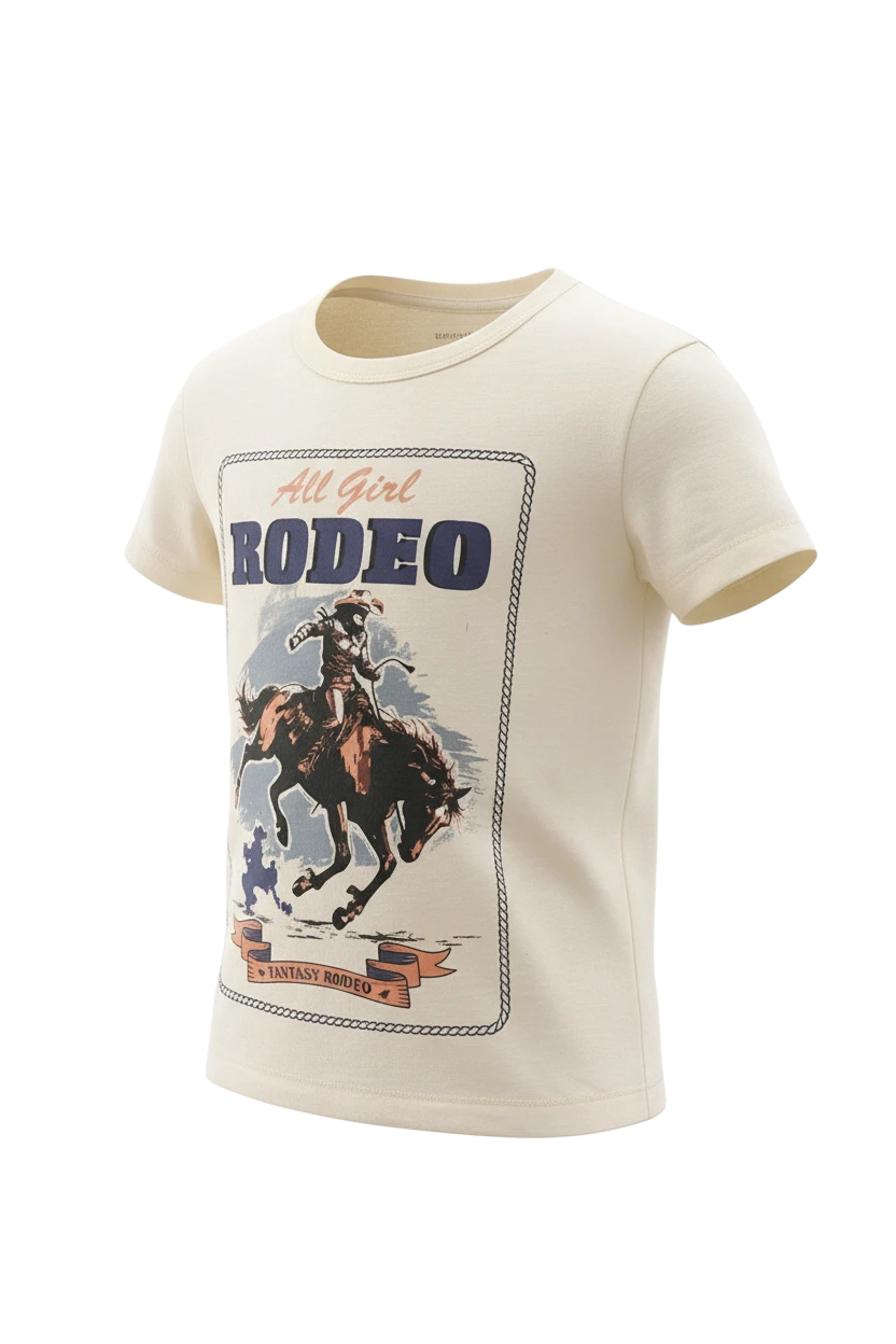 Go West Supply cream short sleeve t-shirt with "All Girl Rodeo" graphic and cowboy riding a horse. Cotton material.