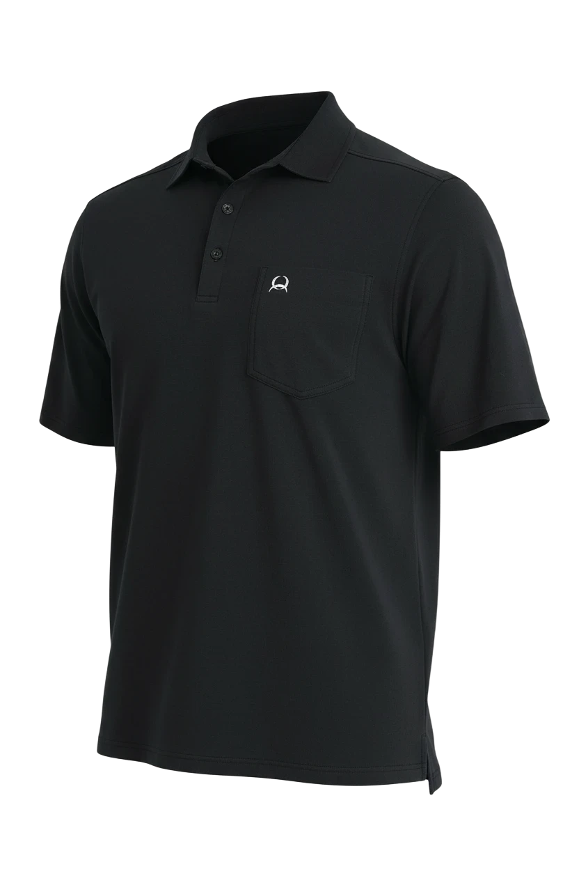 Go West Supply Mens black short sleeve polo shirt with pocket and white logo embroidery. Made from ArenaFlex material.