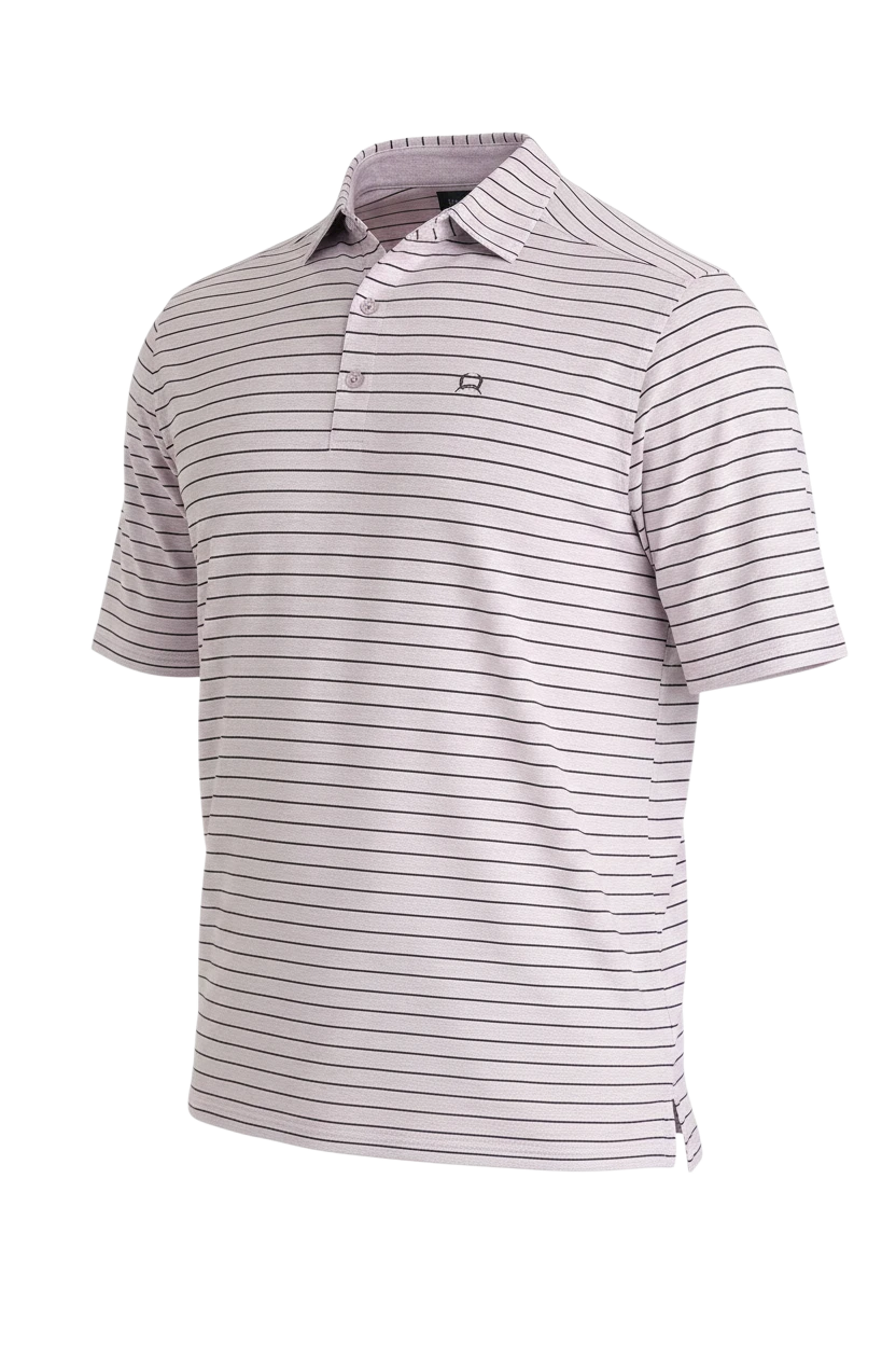 Go West Supply CINCH Men's ArenaFlex polo shirt in light purple with thin black stripes. Short sleeves, collared, button placket.