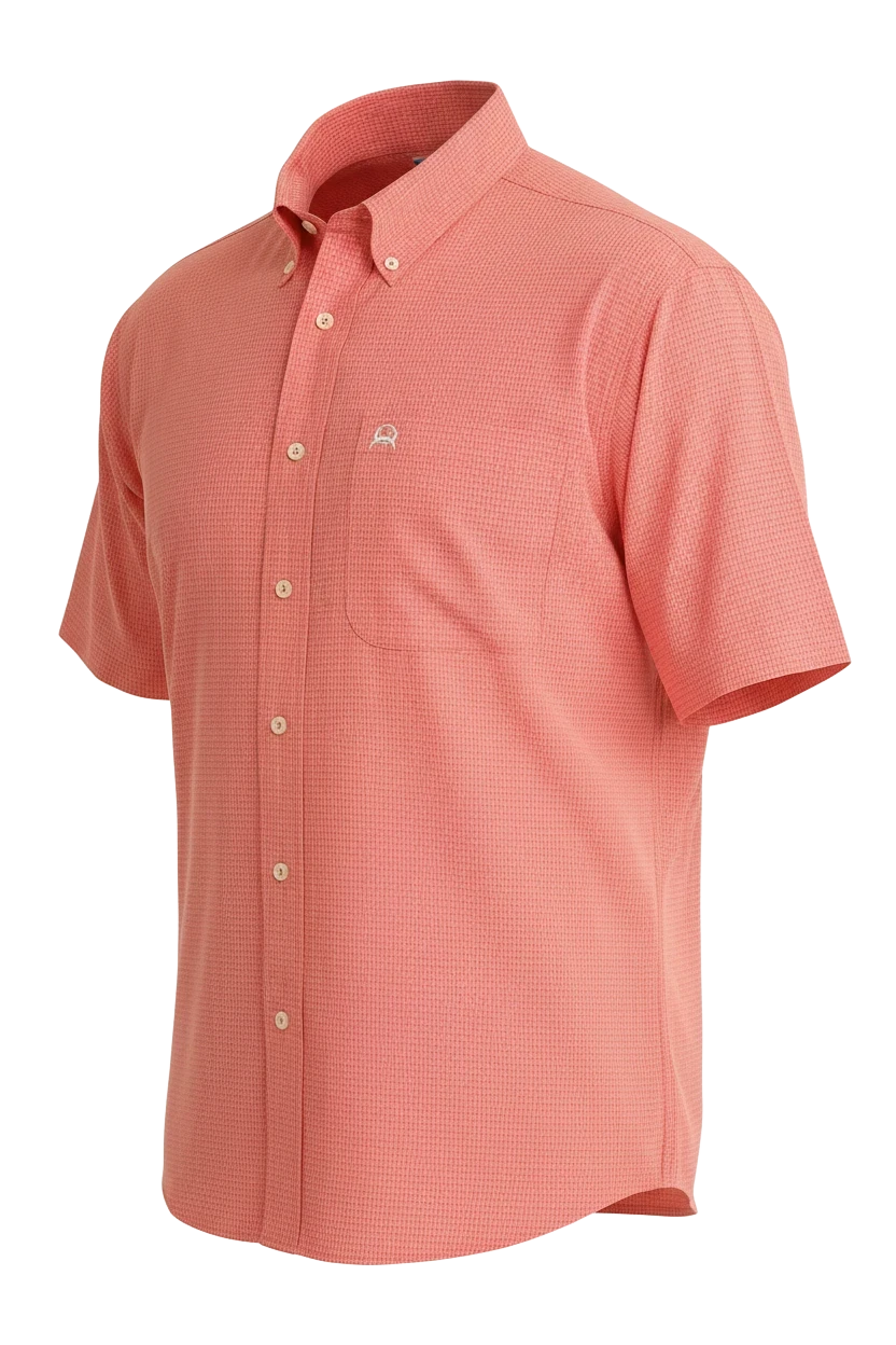 Go West Supply men's coral short sleeve plaid button-down shirt with a chest pocket and classic collar.