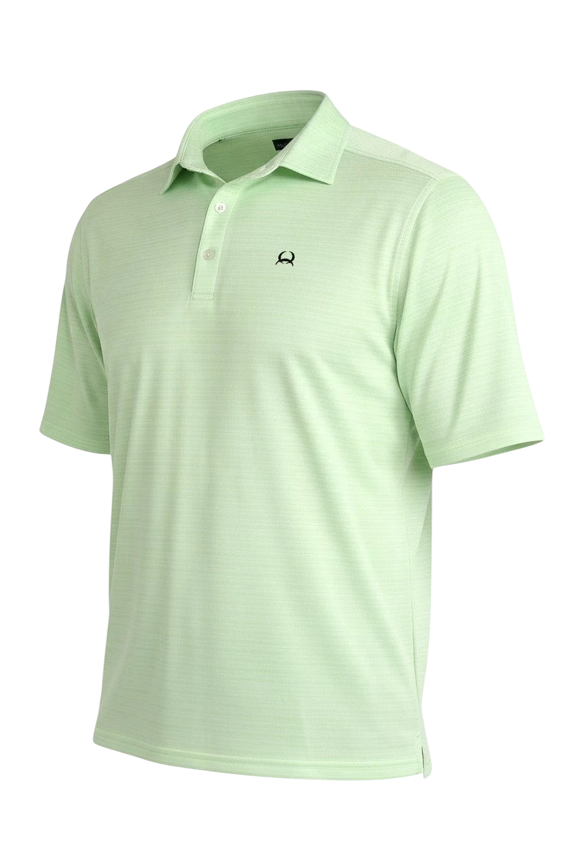 Go West Supply men's light green short-sleeve polo shirt with subtle stripe pattern and embroidered logo.